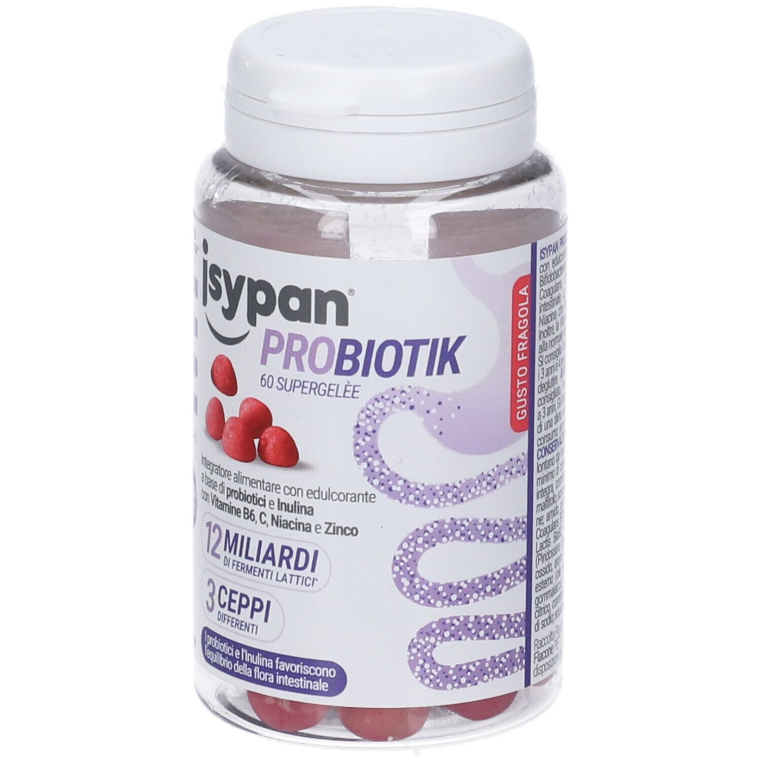 Flacone trasparente con caramelle rosse. Scritta: Isypan Probiotik 60 Supergelée. Gusto fragola.