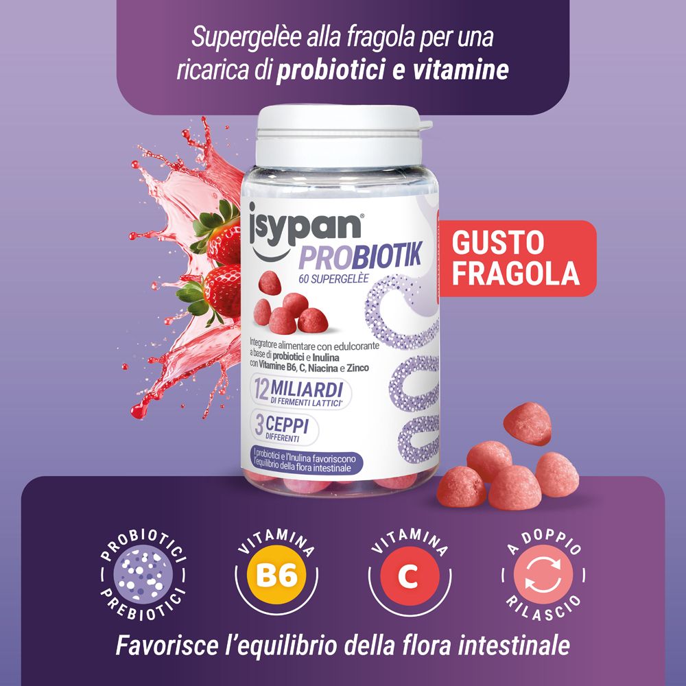 Flacone con caramelle rosse e fragole. Testo: Isypan Probiotik 60 Supergelée. Contiene 12 miliardi di Fermenti Lattici.
