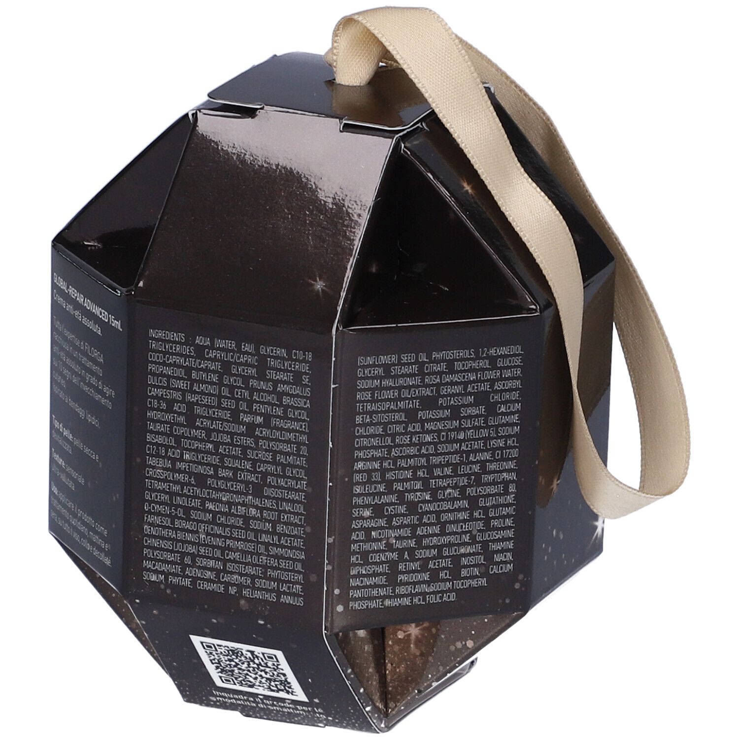 Retro della confezione regalo. Nero, testo, codice QR. Forma geometrica con nastro dorato.