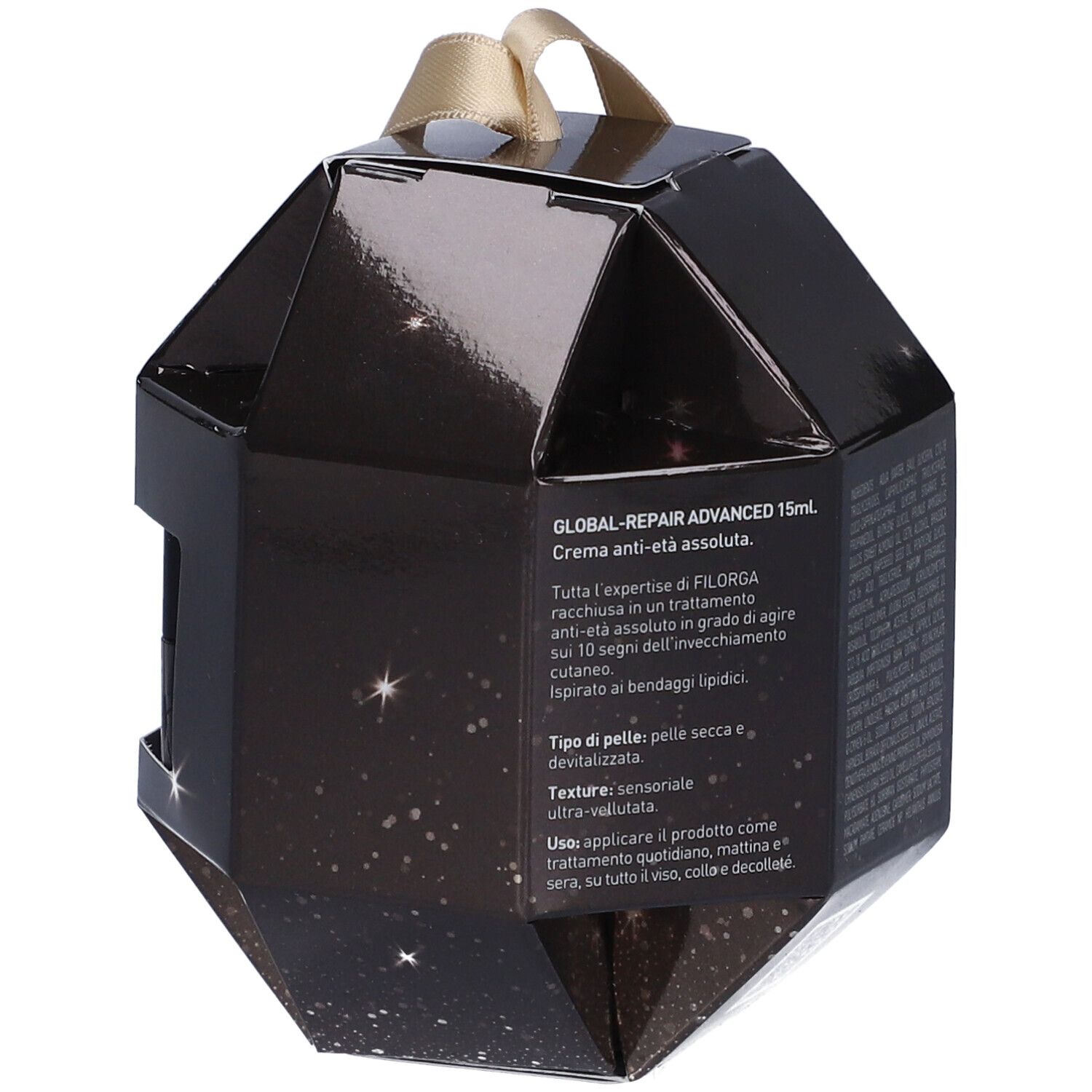 Retro della confezione regalo. Nero, testo. Forma geometrica con nastro dorato.