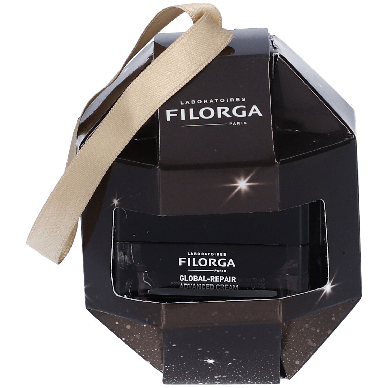 Confezione regalo nera Filorga. Forma geometrica con nastro dorato. Prodotto visibile.