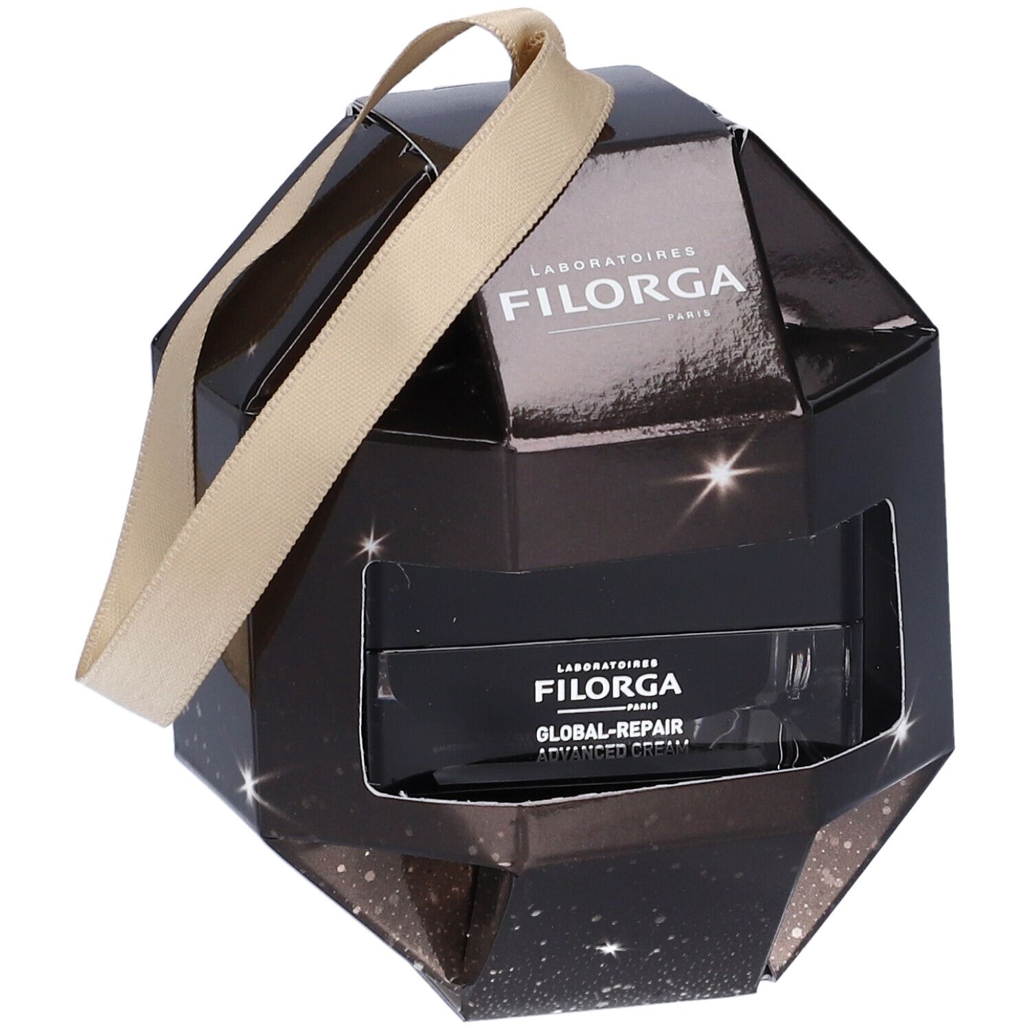 Confezione regalo nera Filorga. Forma geometrica con nastro dorato. Prodotto visibile.