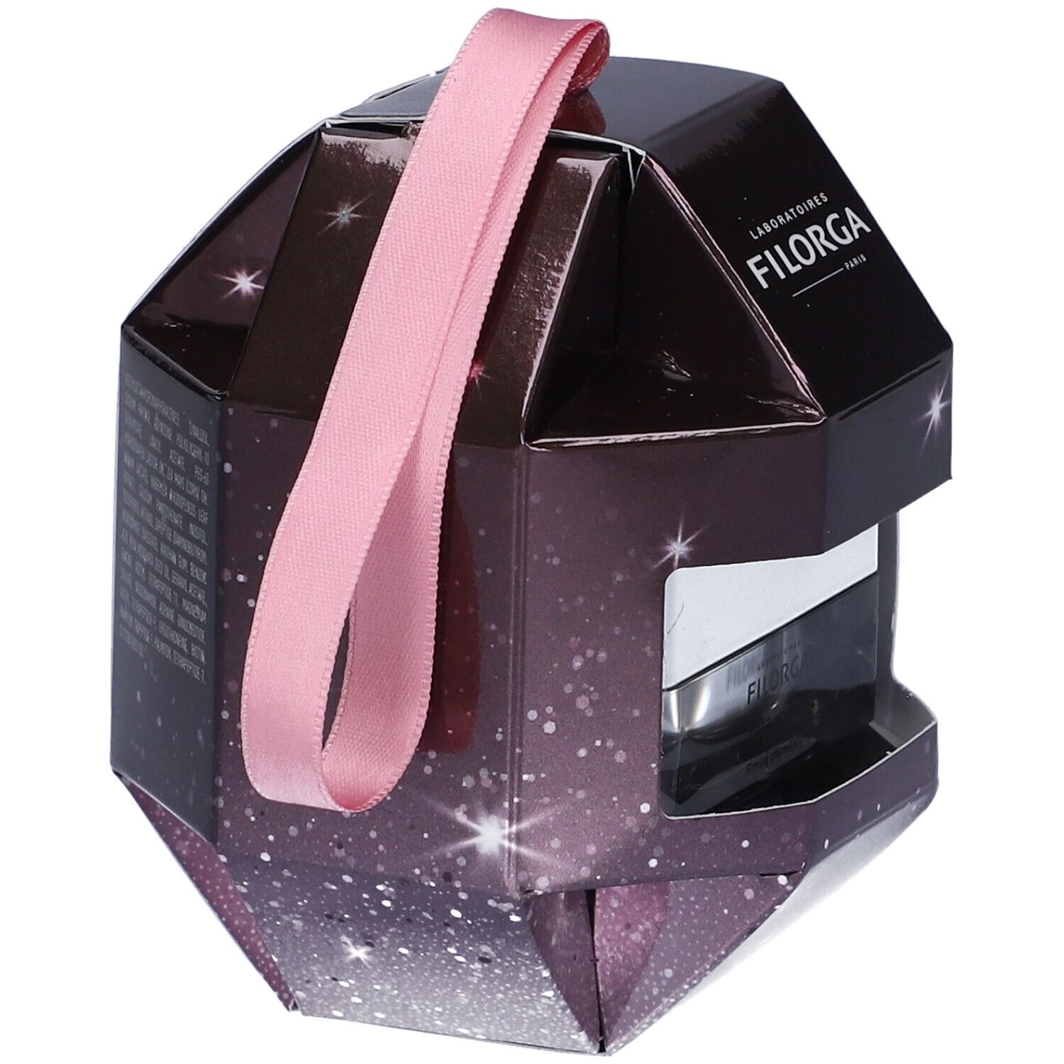Confezione regalo con crema Filorga. Scatola sfaccettata marrone scuro, nastro rosa. Prodotto parzialmente visibile.