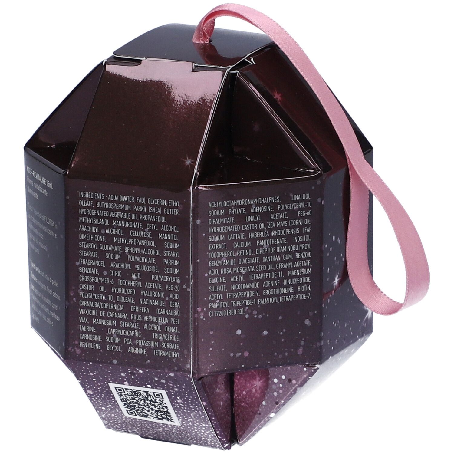 Retro della confezione regalo. Testo con ingredienti e informazioni. Marrone scuro con accenti rosa.