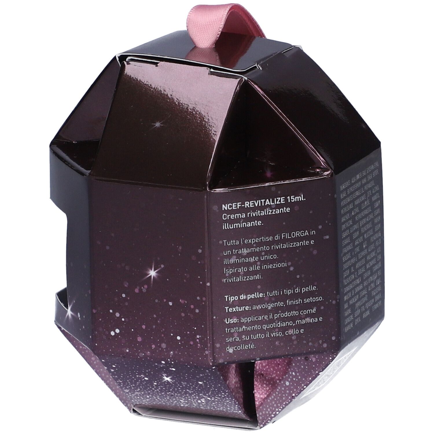 Confezione regalo con testo. NCEF-Revitalize 15ml. Marrone scuro con accenti rosa. Testo in italiano.