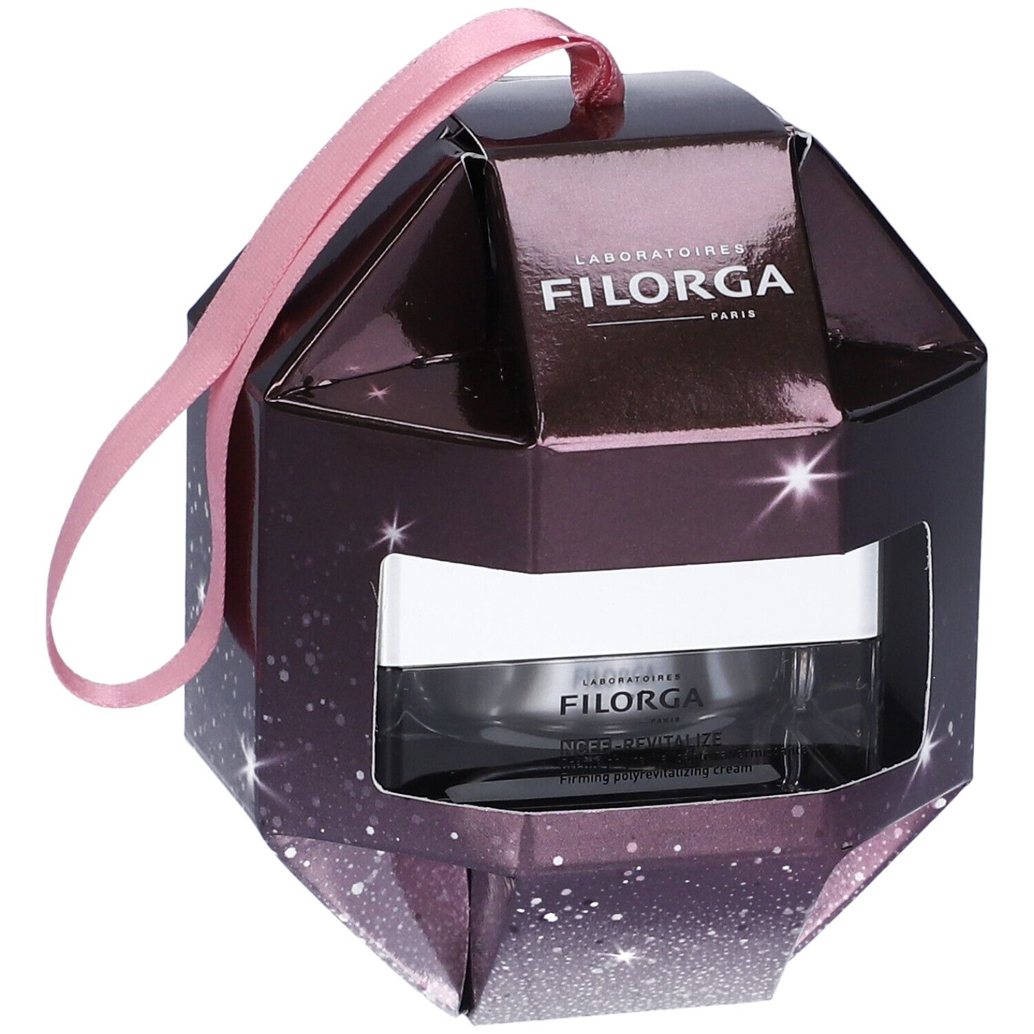 Crema Filorga in confezione regalo. Scatola sfaccettata marrone scuro, nastro rosa. Prodotto visibile.