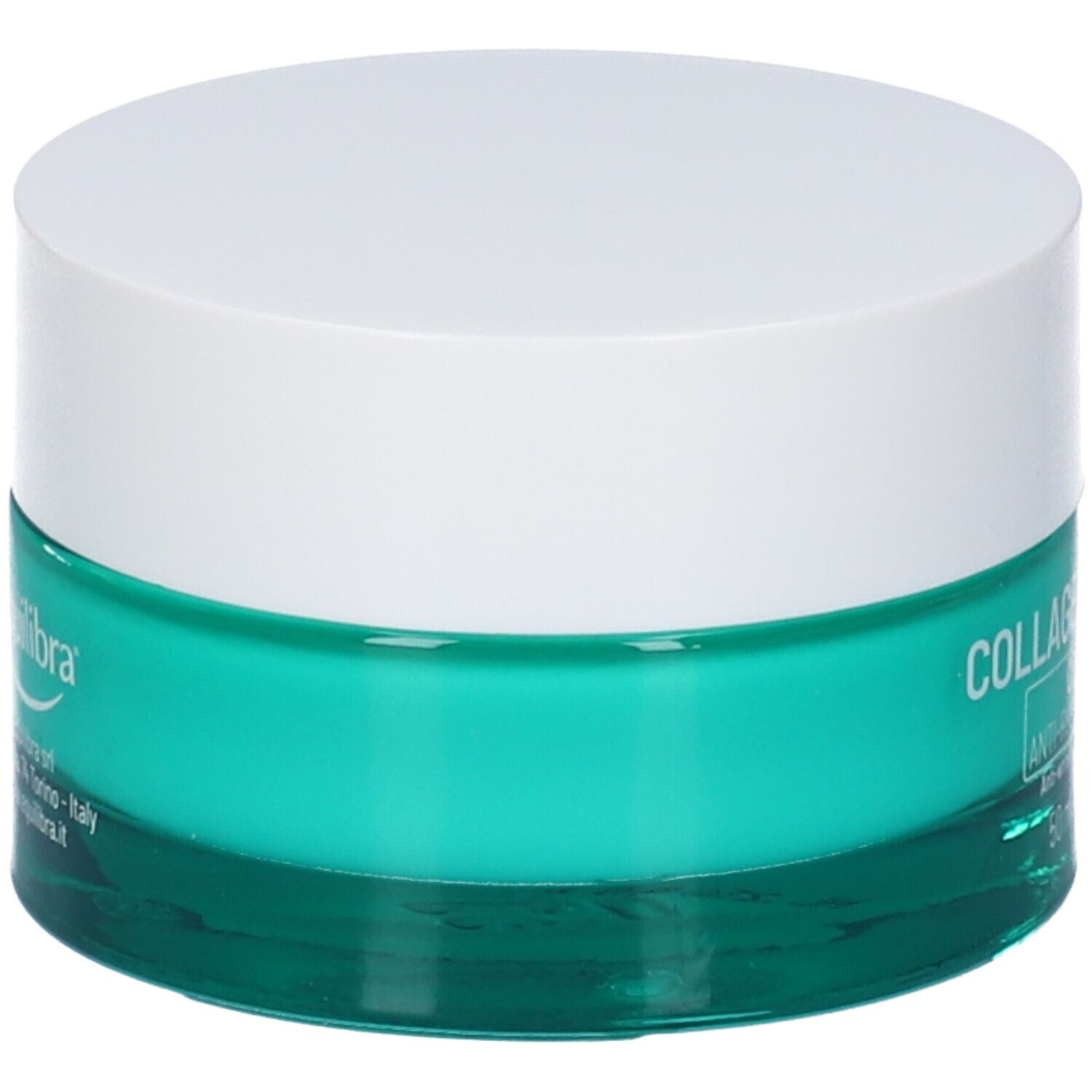 Vaso di crema con coperchio bianco e base turchese. Scritta: COLLAGENE VEGETALE. Marchio: Equilibra.