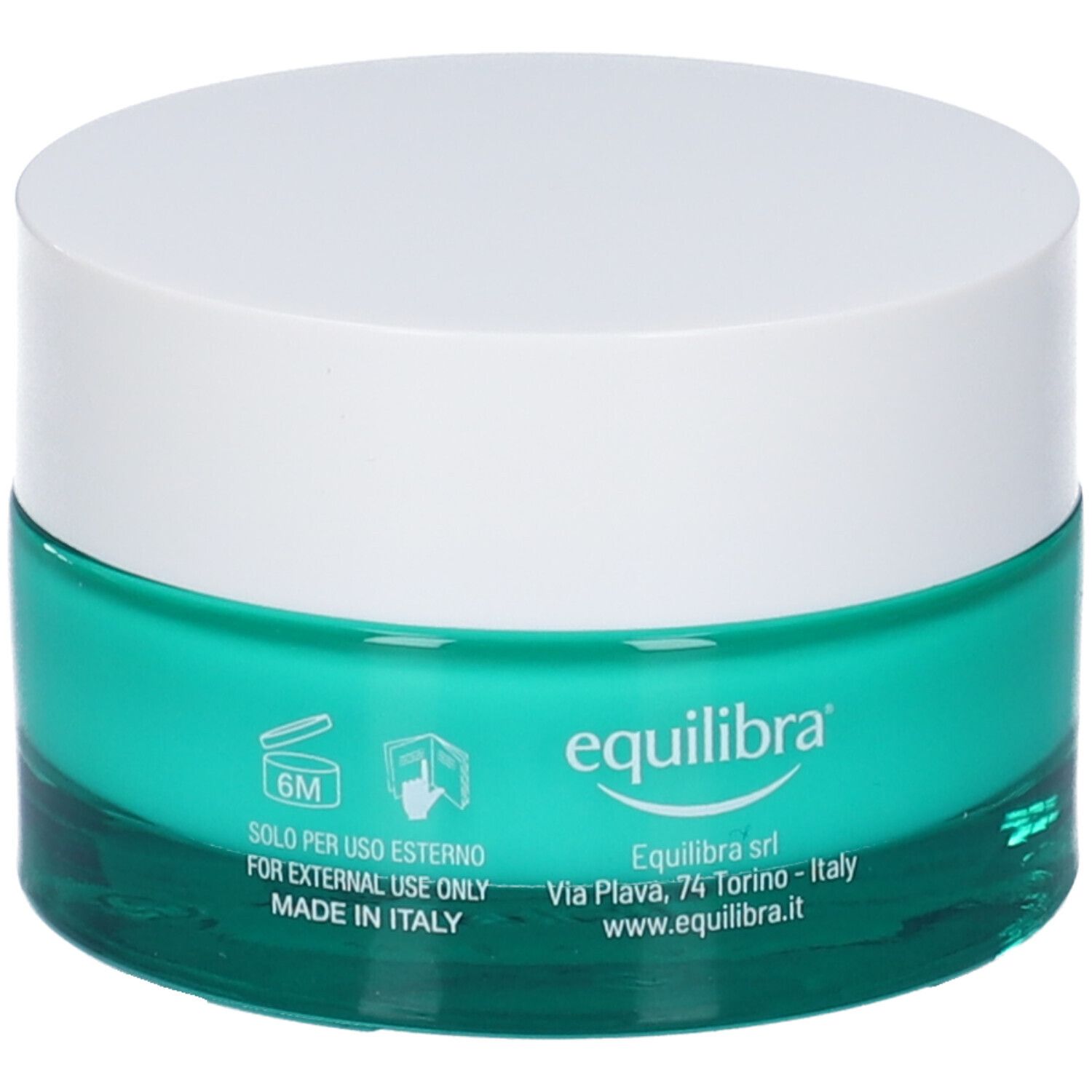 Vaso di crema con coperchio bianco e base turchese. Scritta: Equilibra, COLLAGENE VEGETALE. Testo: Solo per uso esterno.