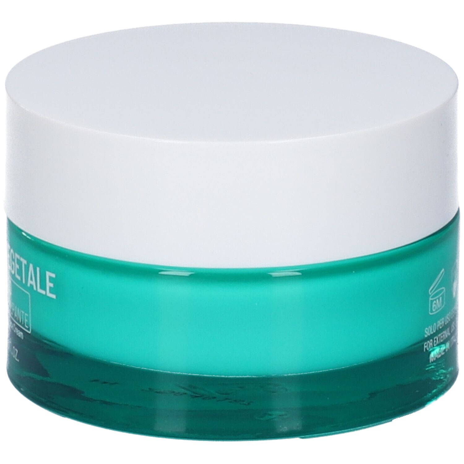 Vaso di crema con coperchio bianco e base turchese. Scritta: COLLAGENE VEGETALE. Testo: Solo per uso esterno.
