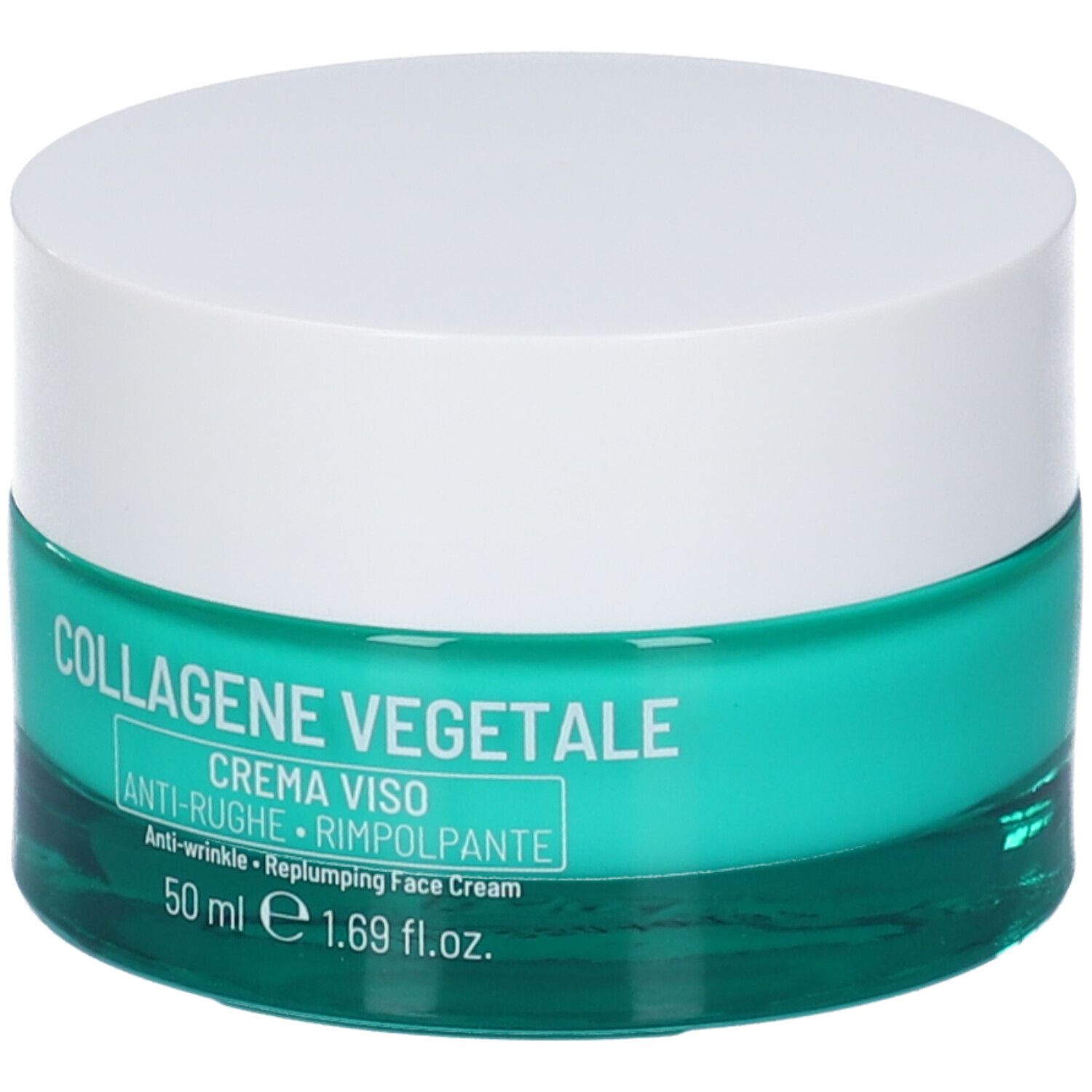 Vaso di crema con coperchio bianco e base turchese. Scritta: COLLAGENE VEGETALE, CREMA VISO, ANTI-RUGHE, RIMPOLPANTE.