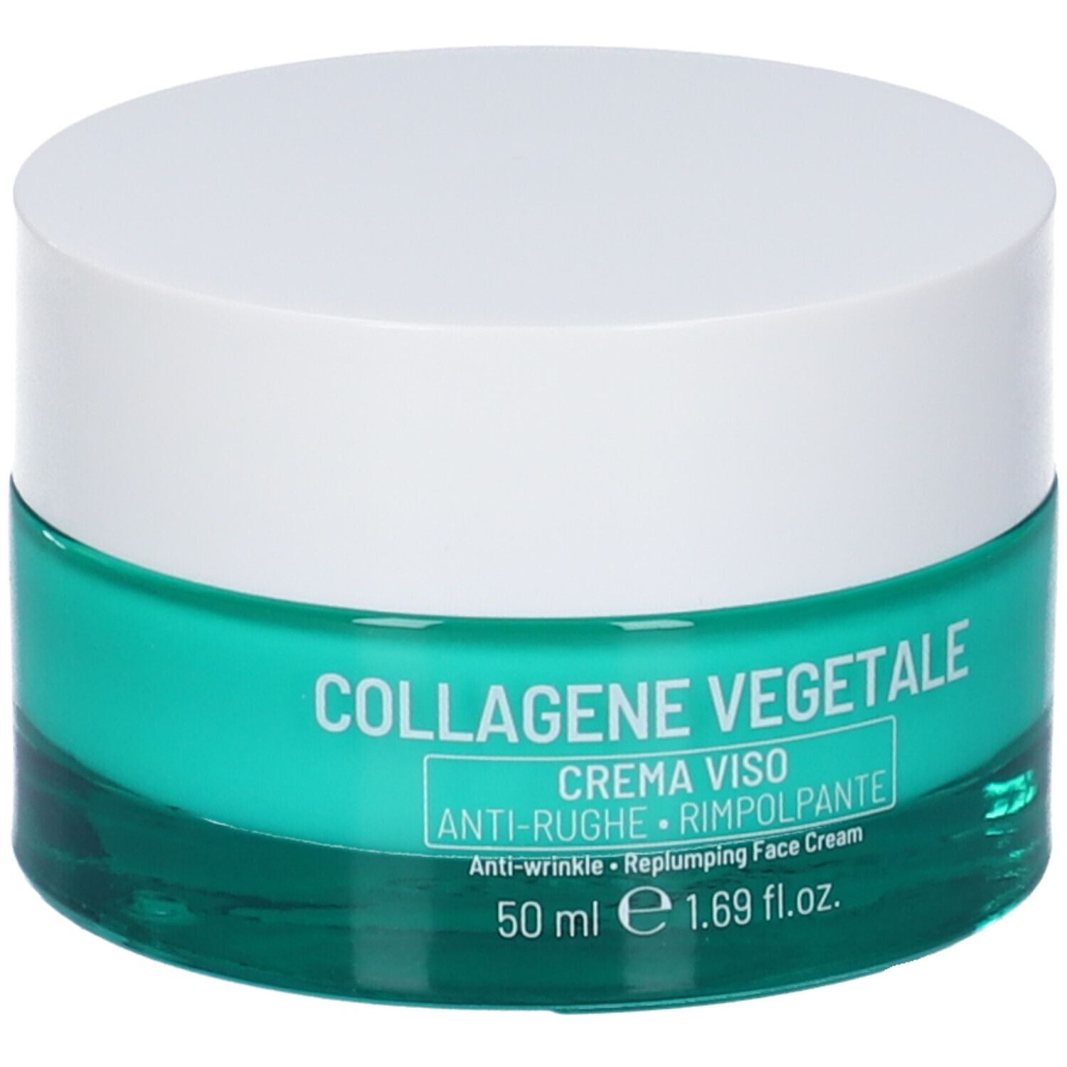Vaso di crema con coperchio bianco e base turchese. Scritta: COLLAGENE VEGETALE, CREMA VISO, ANTI-RUGHE, RIMPOLPANTE.