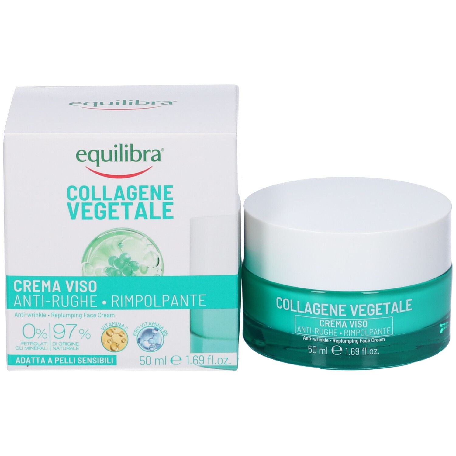 Confezione del prodotto e vaso di crema. Scritta: Equilibra, COLLAGENE VEGETALE, CREMA VISO, ANTI-RUGHE, RIMPOLPANTE. 50 ml.