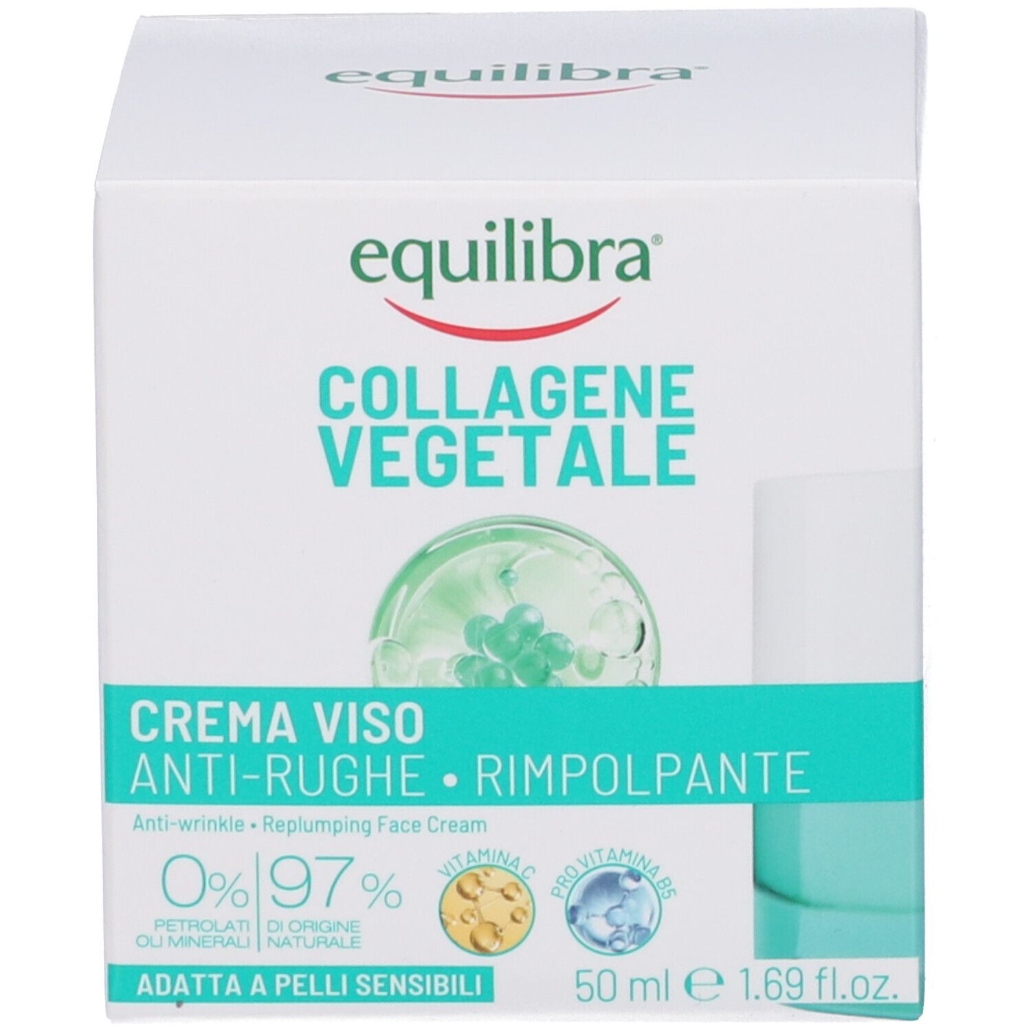 Confezione del prodotto. Scritta: Equilibra, COLLAGENE VEGETALE, CREMA VISO, ANTI-RUGHE, RIMPOLPANTE. 50 ml. Con certificazioni.