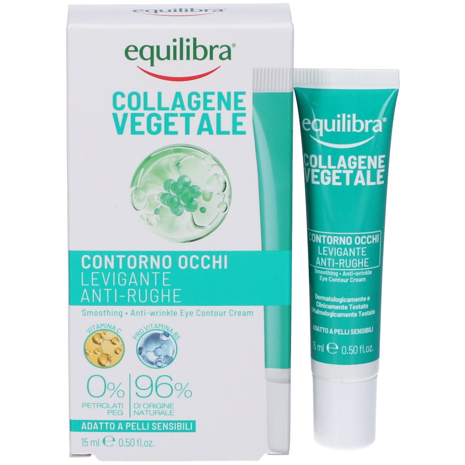 Confezione prodotto con tubo. Testo: Equilibra, Collagene Vegetale, Contorno Occhi, Anti-Rughe. 15 ml. 0% Petrolati, 96% naturale.