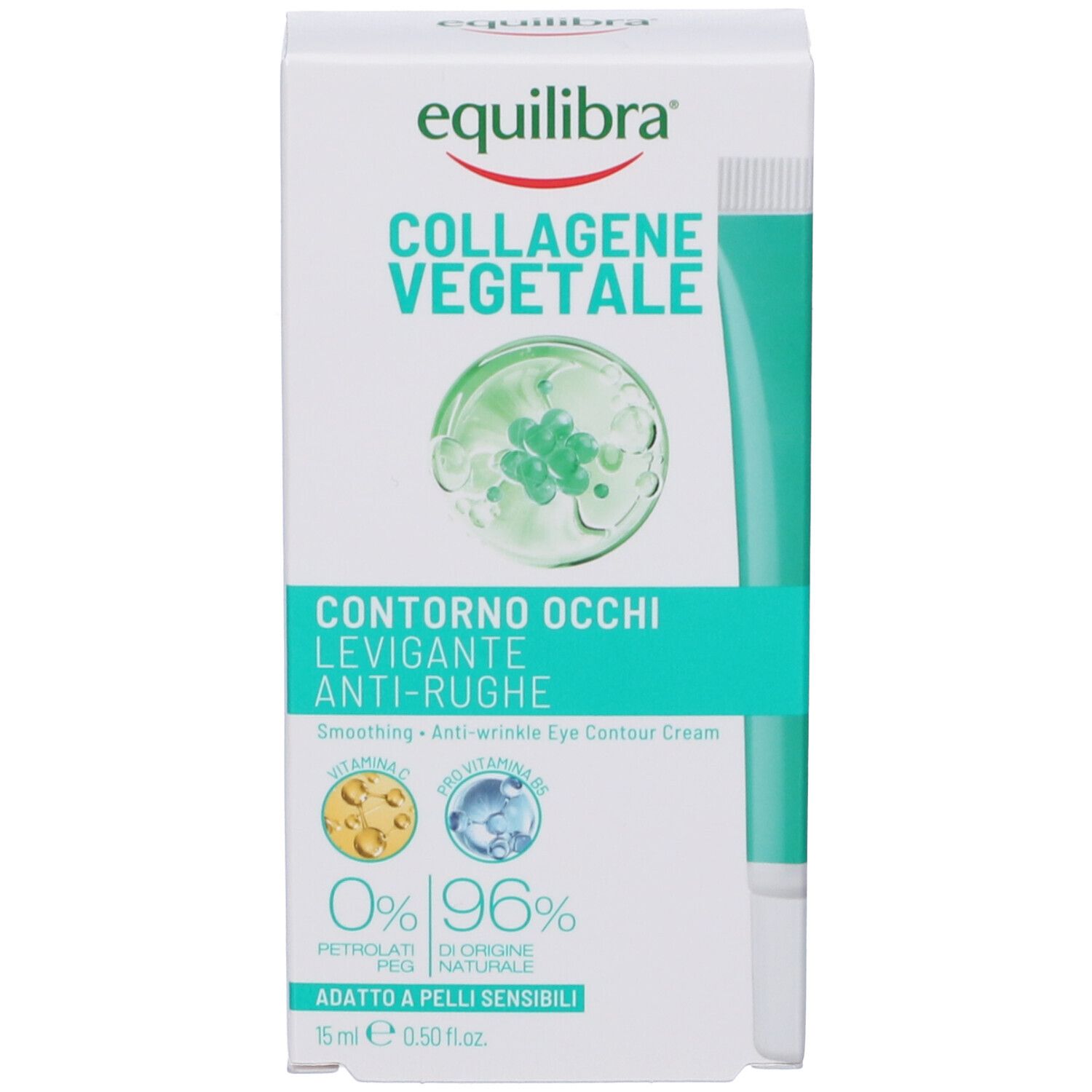 Confezione prodotto. Testo: Equilibra, Collagene Vegetale, Contorno Occhi, Anti-Rughe. 15 ml. 0% Petrolati, 96% naturale.