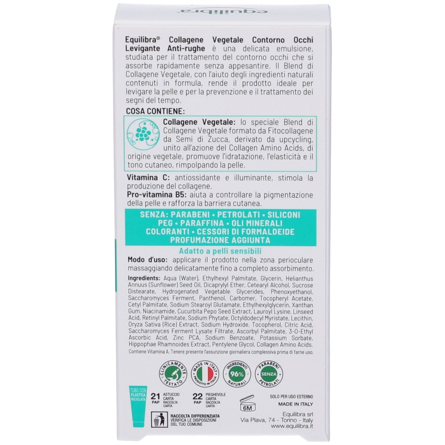 Retro della confezione. Testo in italiano. Contiene ingredienti e istruzioni. Simbolo 6M.