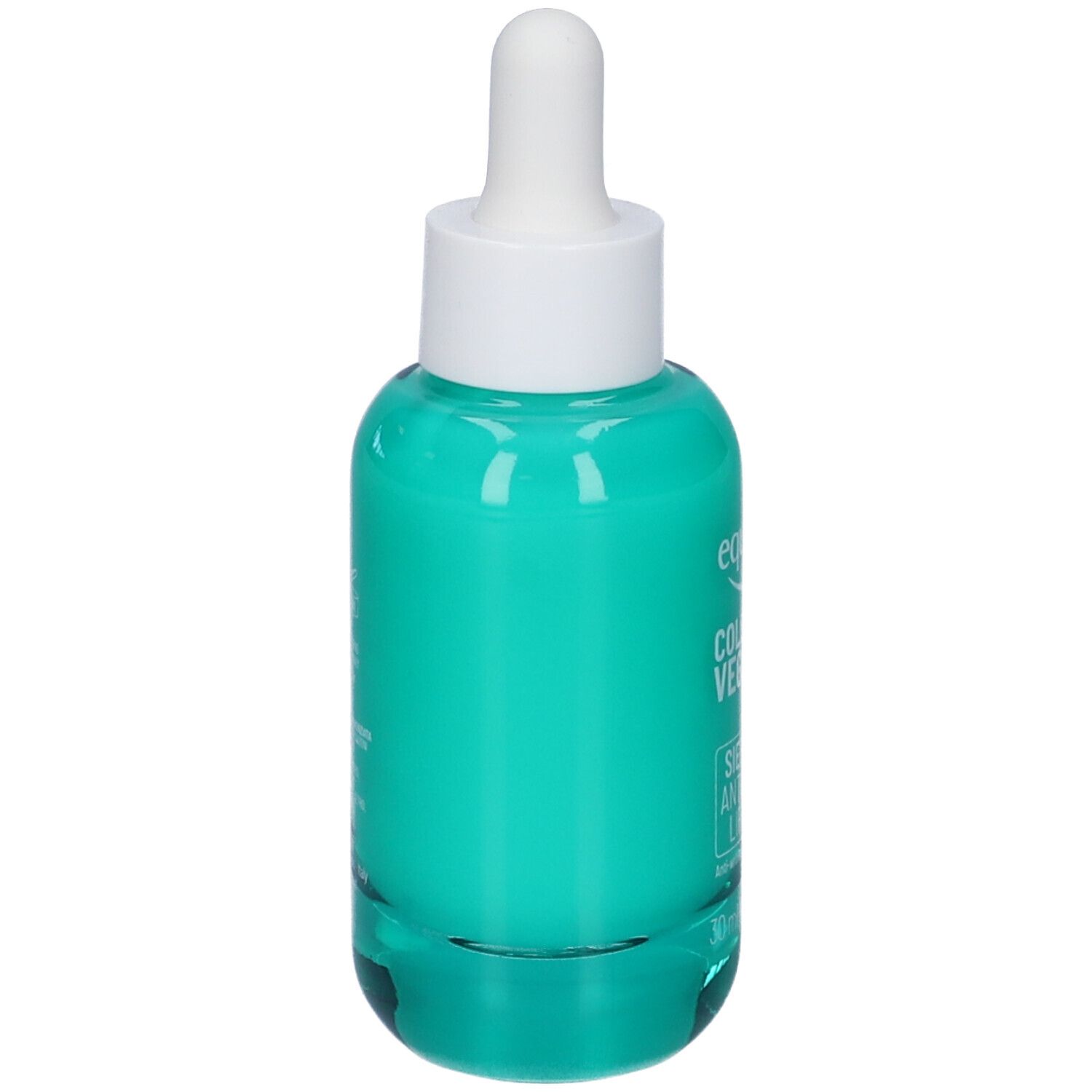 Vista posteriore di un flacone in vetro verde con tappo bianco. Scritta illeggibile. Contiene liquido.