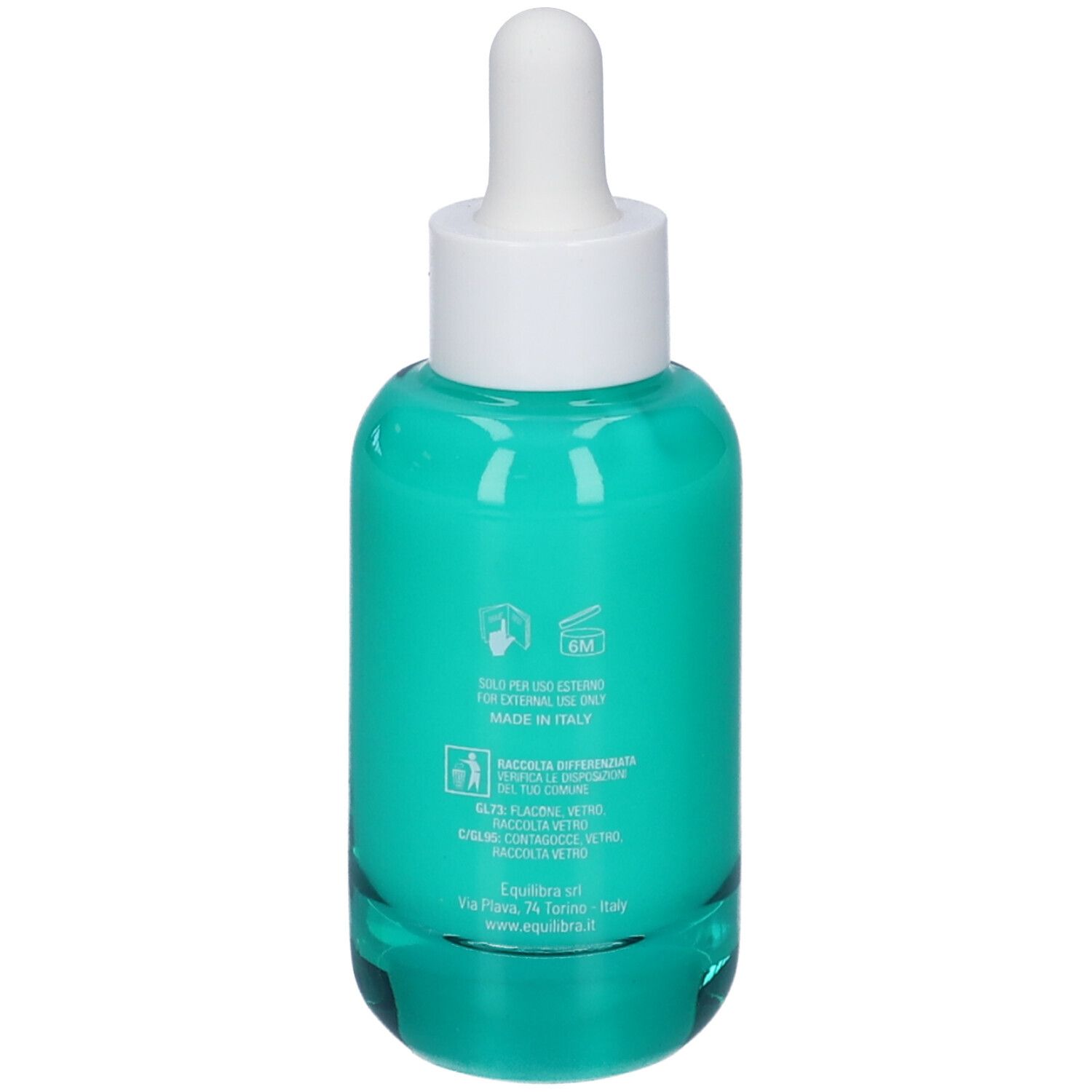 Vista posteriore di un flacone in vetro verde con tappo bianco. Contiene informazioni e simboli. Prodotto in Italia.