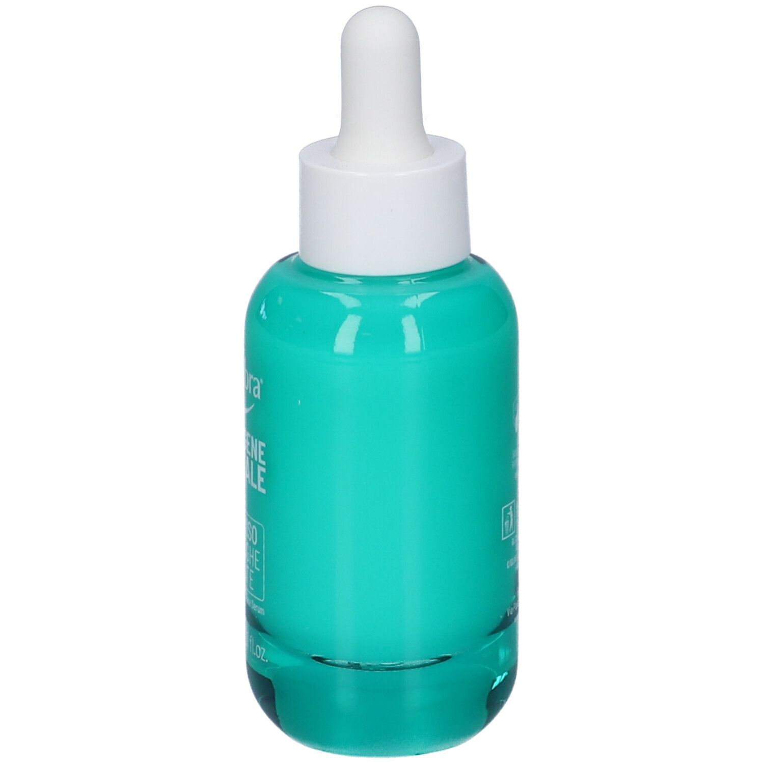 Flacone in vetro verde con tappo bianco e contagocce. Scritta illeggibile. Contiene liquido.