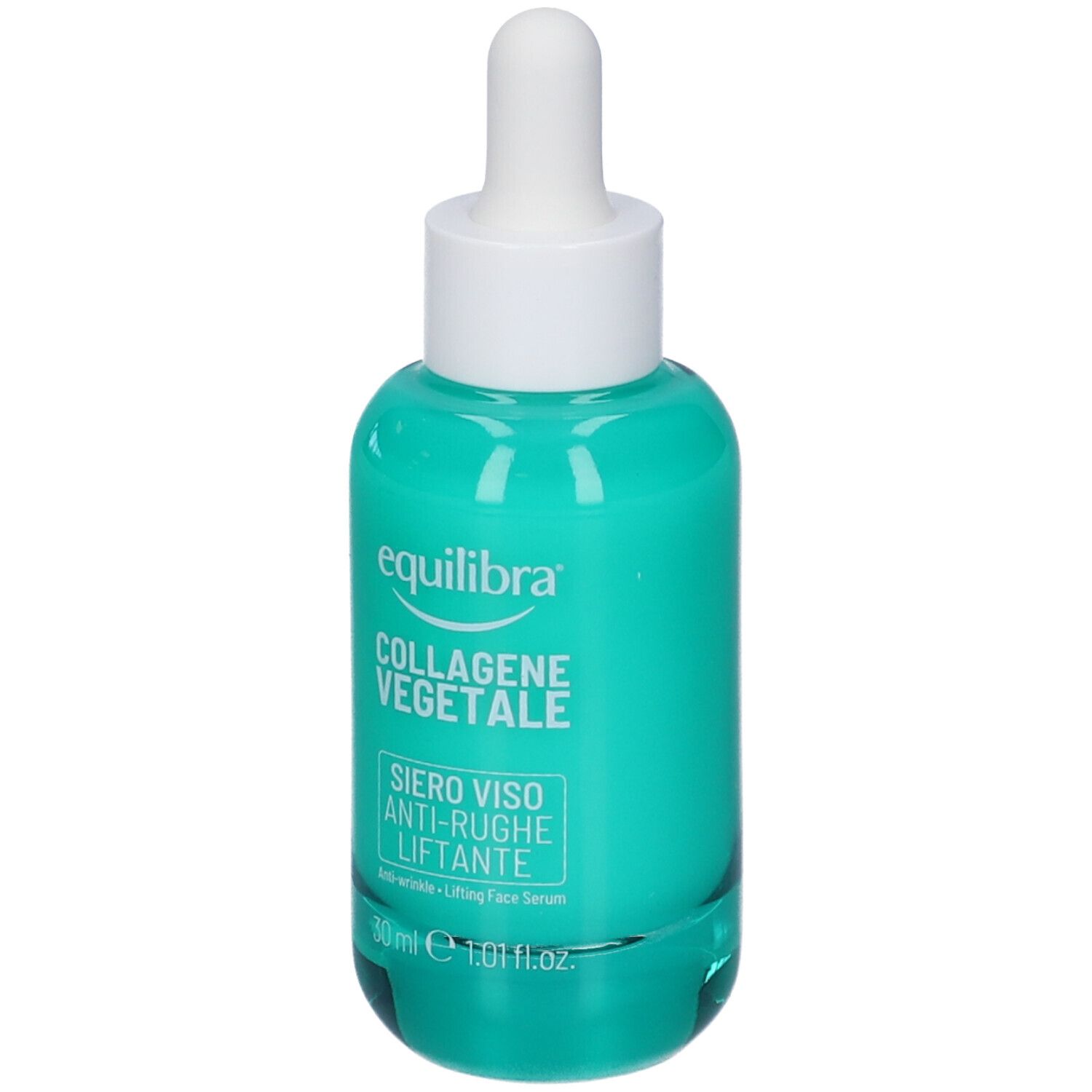 Flacone in vetro verde con tappo bianco e contagocce. Scritta: Equilibra Collagene Vegetale Siero Viso Anti-Rughe Liftante.