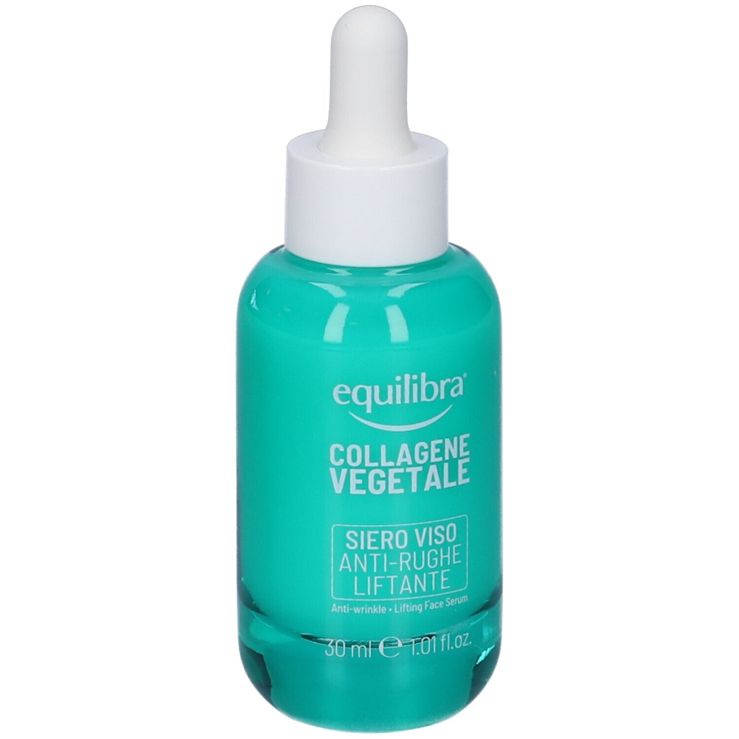 Flacone in vetro verde con tappo bianco e contagocce. Scritta: Equilibra Collagene Vegetale Siero Viso Anti-Rughe Liftante.