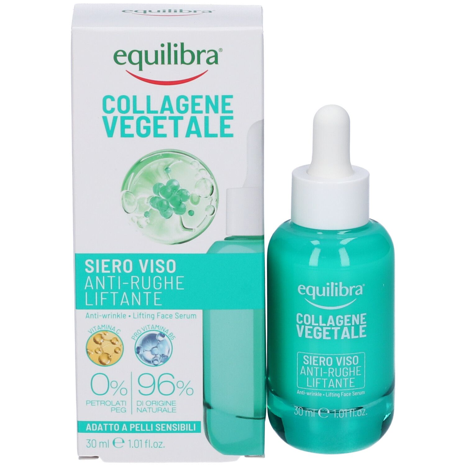 Confezione e flacone del prodotto. Confezione con nome del prodotto e informazioni. Flacone con contagocce.