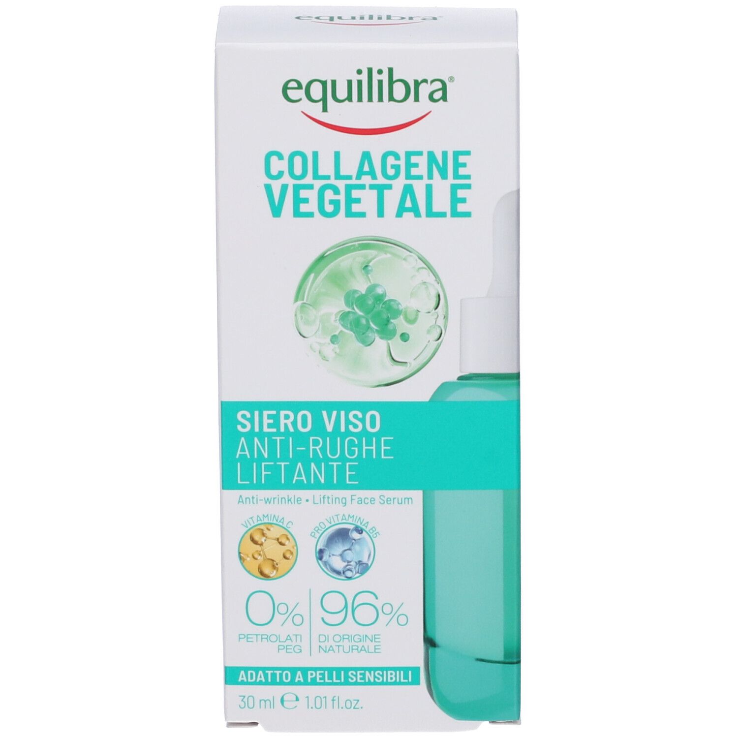 Confezione e flacone del prodotto. Confezione con nome del prodotto e informazioni. Flacone con contagocce.