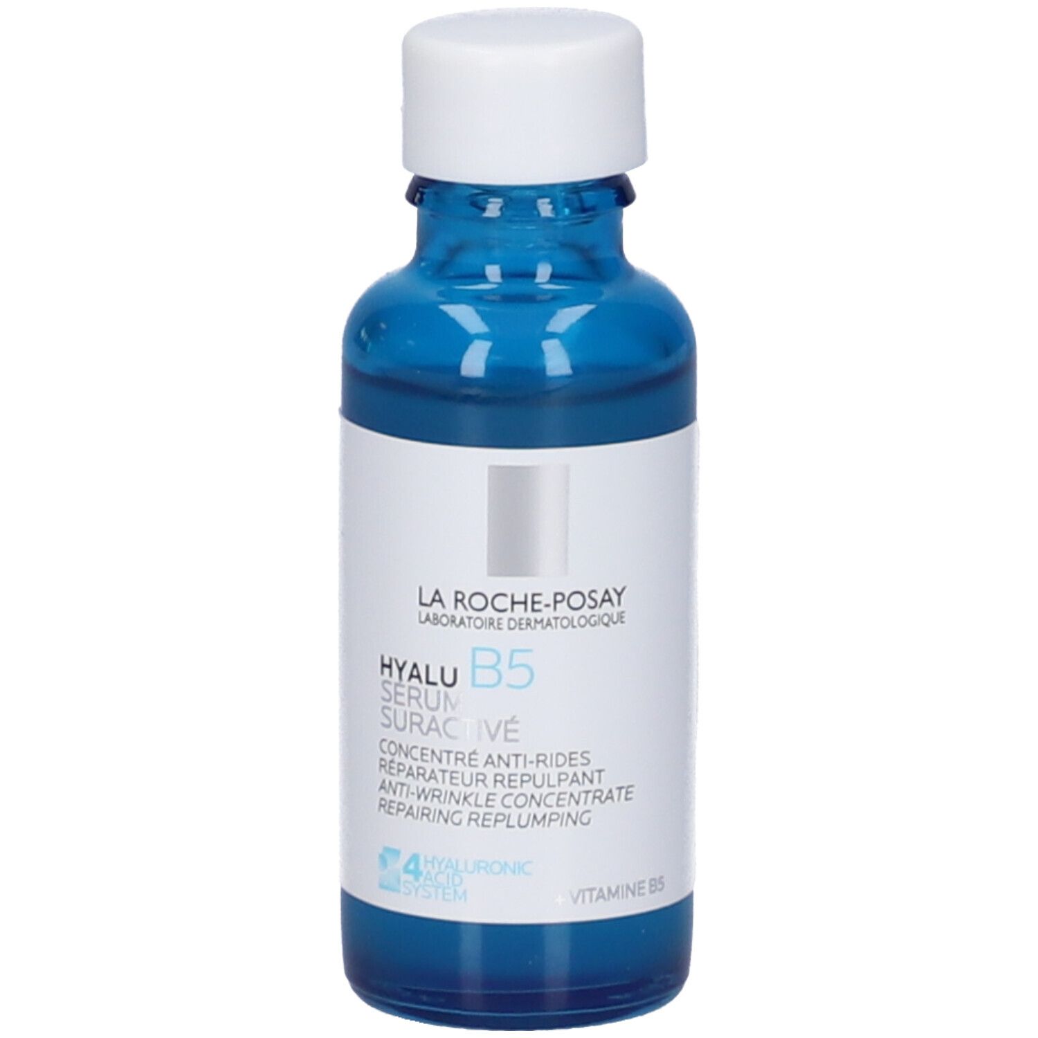 Flacone di siero blu con tappo bianco. Scritta: Hyalu B5 Serum Suractivé. Marchio: La Roche-Posay.