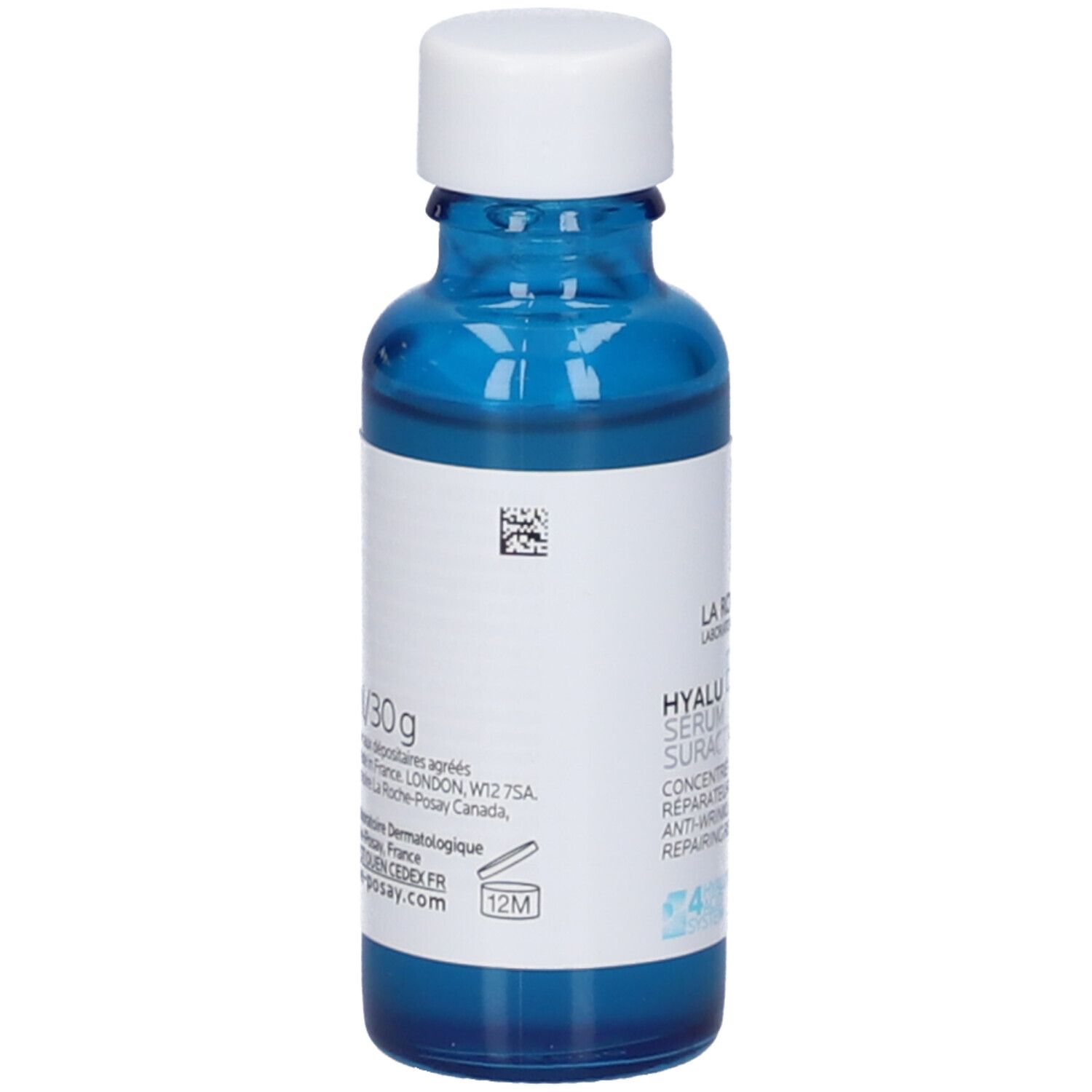 Retro del flacone di siero blu con tappo bianco. Scritta e codice a barre. Marchio: La Roche-Posay.