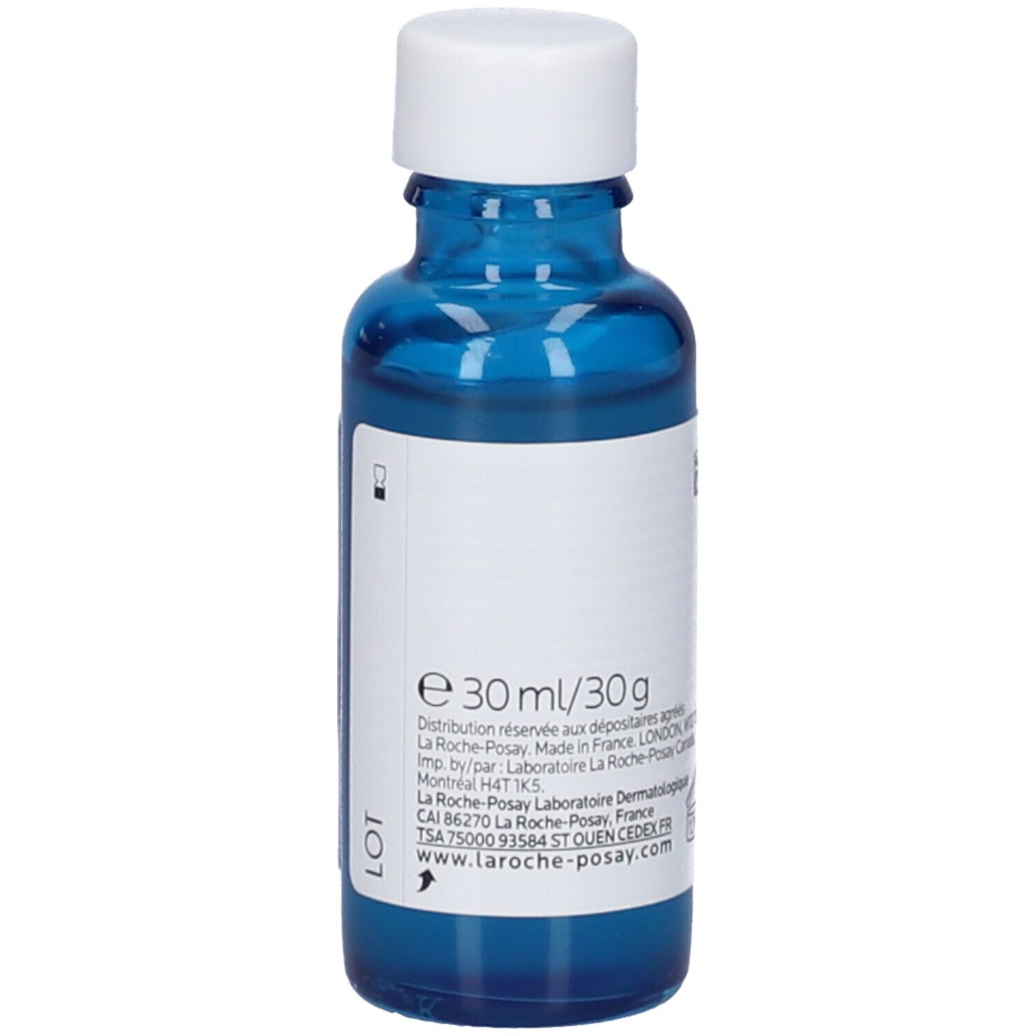 Retro del flacone di siero blu con tappo bianco. Scritta: 30 ml/30 g. Marchio: La Roche-Posay.