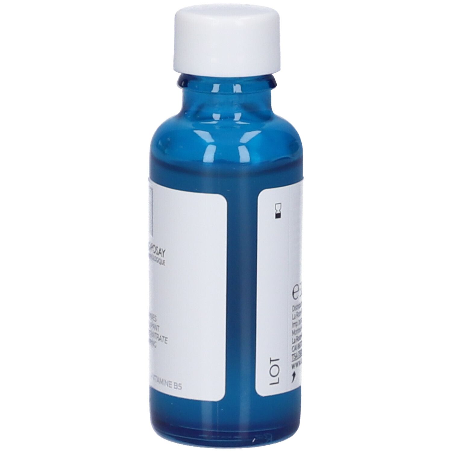 Retro del flacone di siero blu con tappo bianco. Scritta e numero di lotto. Marchio: La Roche-Posay.