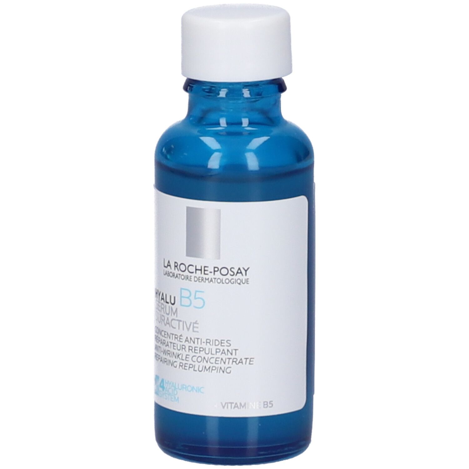 Flacone di siero blu con tappo bianco. Scritta: Hyalu B5 Serum Suractivé. Marchio: La Roche-Posay.