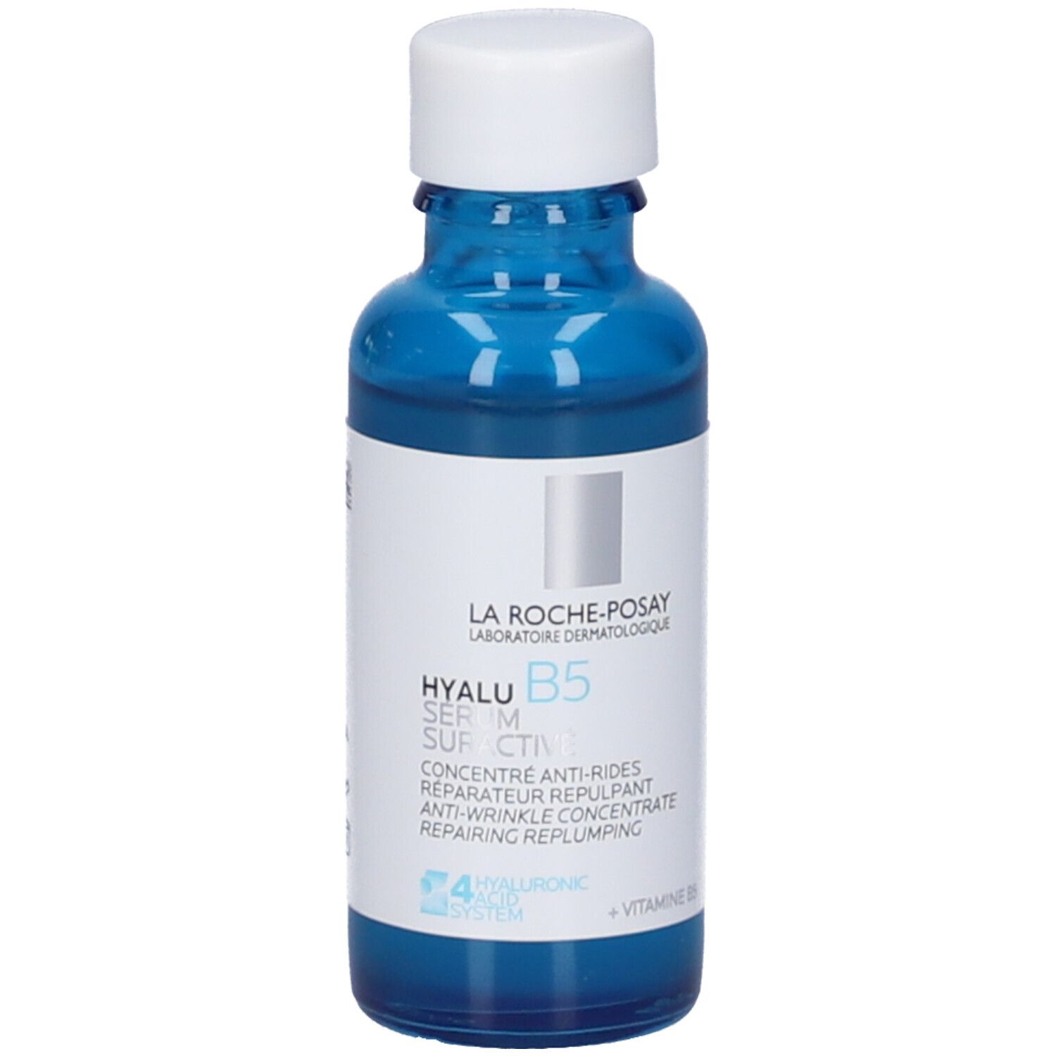 Flacone di siero blu con tappo bianco. Scritta: Hyalu B5 Serum Suractivé. Marchio: La Roche-Posay.