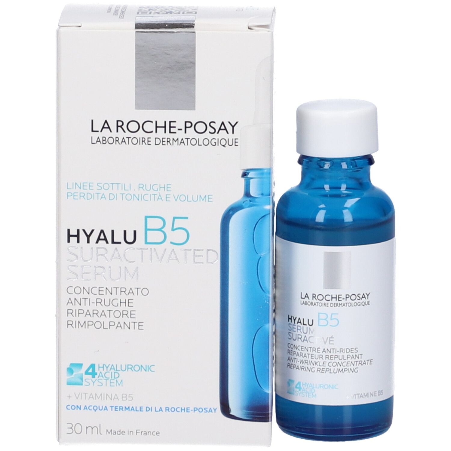 Confezione del prodotto e flacone di siero. Scritta: Hyalu B5 Serum Suractivé. Marchio: La Roche-Posay.