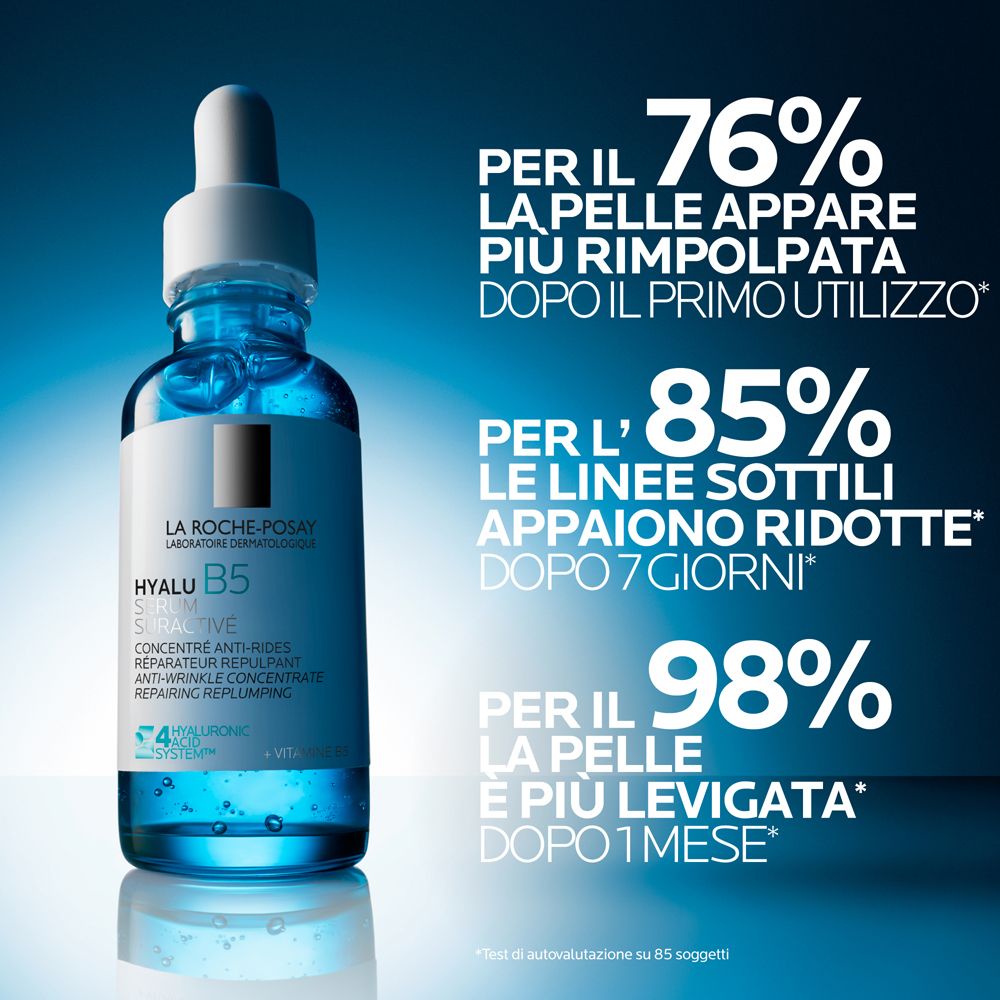 Flacone di siero con testo e percentuali. Testo: Hyalu B5, La Roche-Posay.