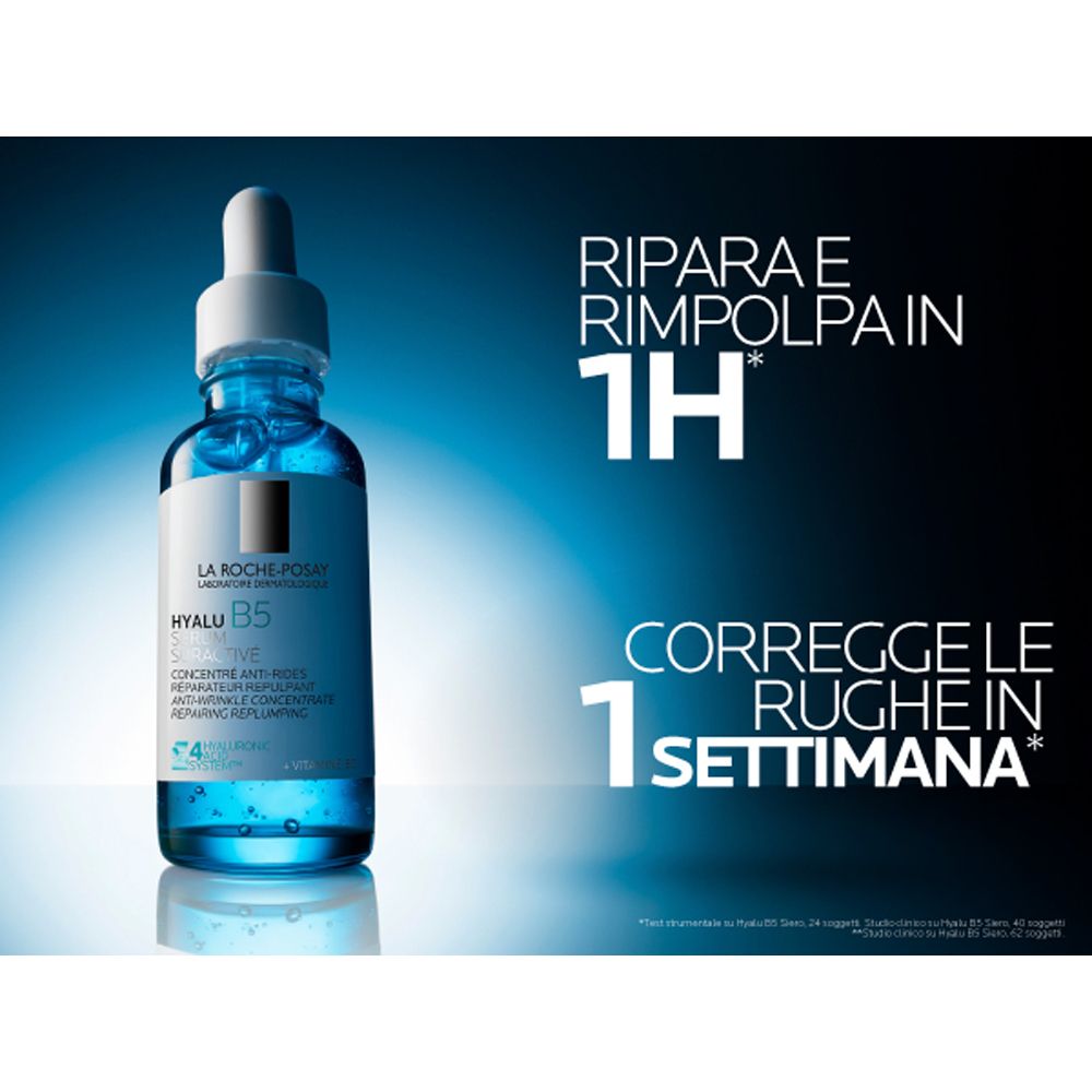 Flacone di siero con testo. Testo: Hyalu B5, La Roche-Posay.