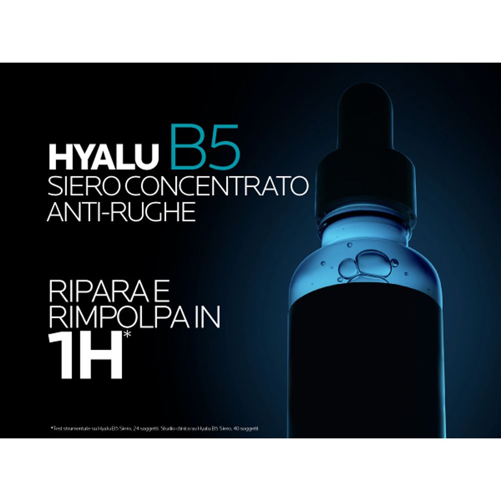 Primo piano del flacone di siero. Testo: Hyalu B5, La Roche-Posay.