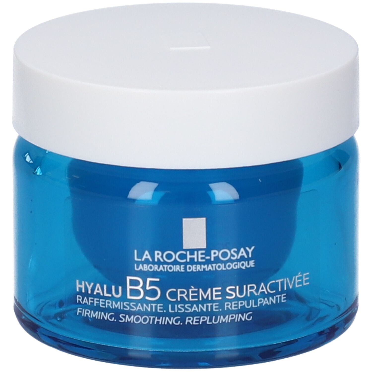 Vasetto di vetro blu con coperchio bianco. Scritta: La Roche-Posay Hyalu B5 Crème Suractivée. Testo.