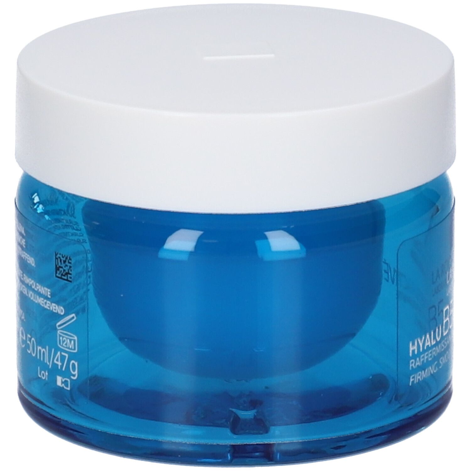 Vasetto di vetro blu con coperchio bianco. Scritta: La Roche-Posay Hyalu B5 Crème Suractivée. Testo.