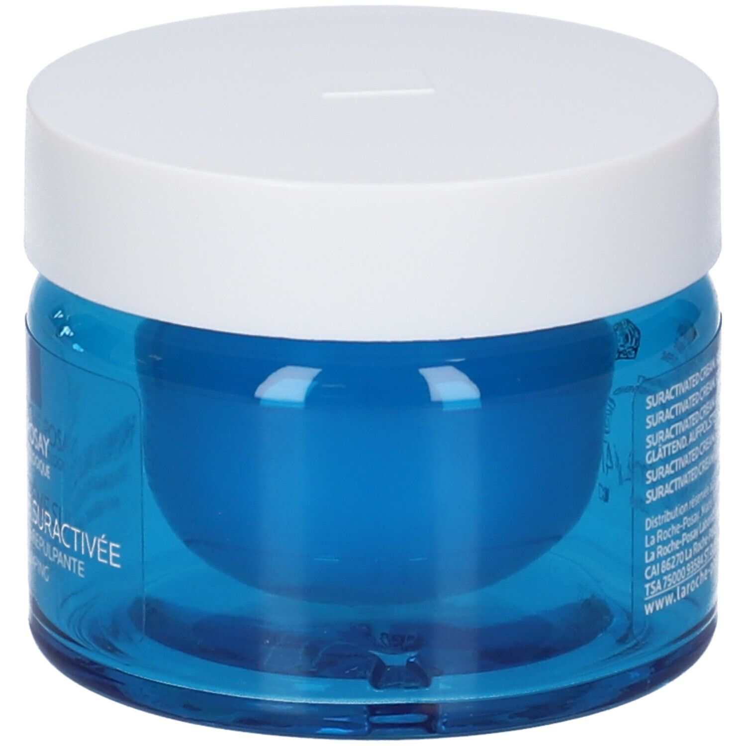 Vasetto di vetro blu con coperchio bianco. Scritta: La Roche-Posay Hyalu B5 Crème Suractivée. Testo.