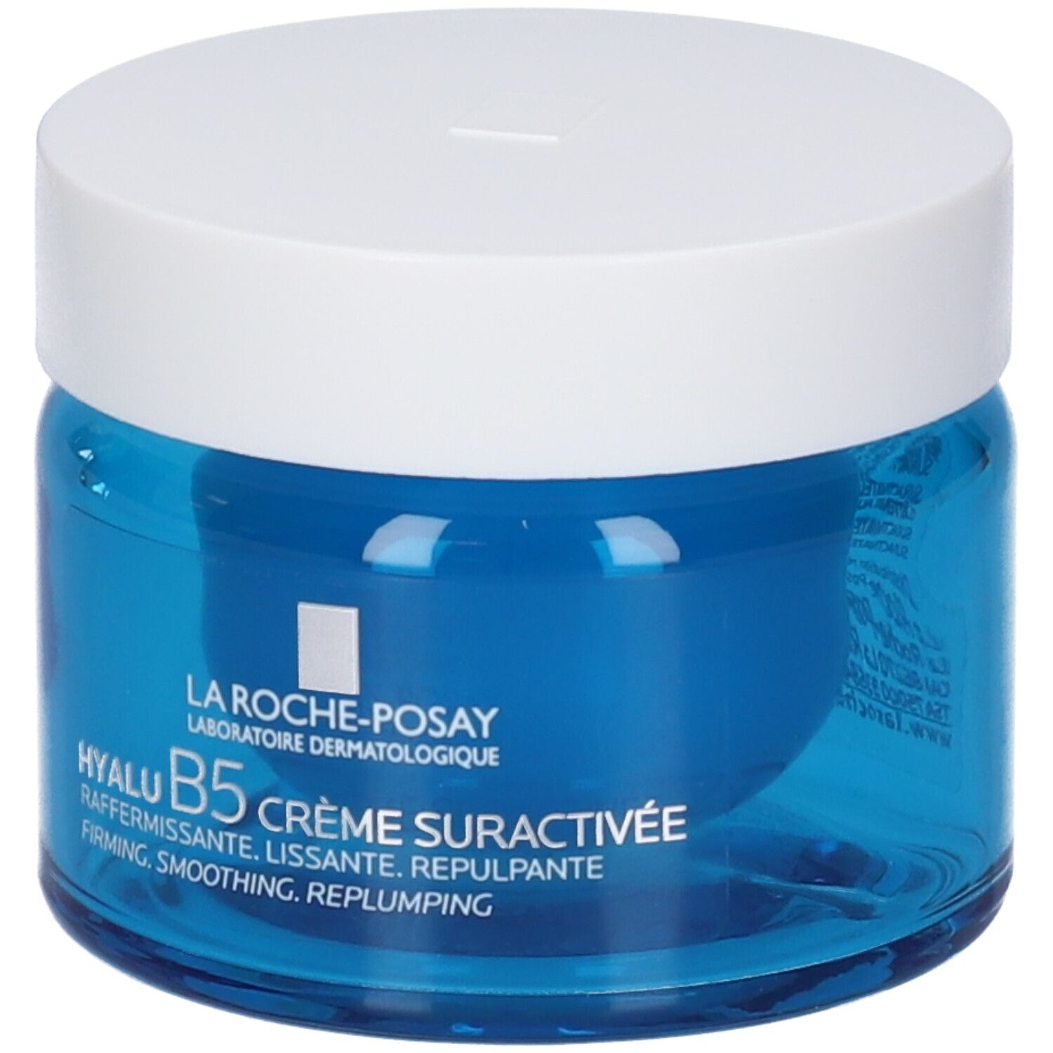 Vasetto di vetro blu con coperchio bianco. Scritta: La Roche-Posay Hyalu B5 Crème Suractivée. Testo.
