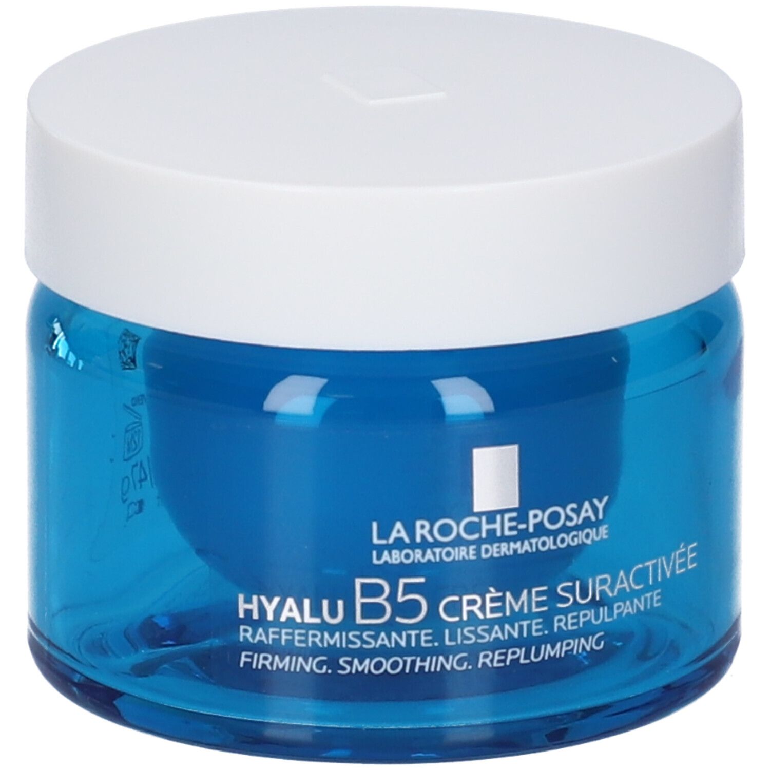 Vasetto di vetro blu con coperchio bianco. Scritta: La Roche-Posay Hyalu B5 Crème Suractivée. Testo.