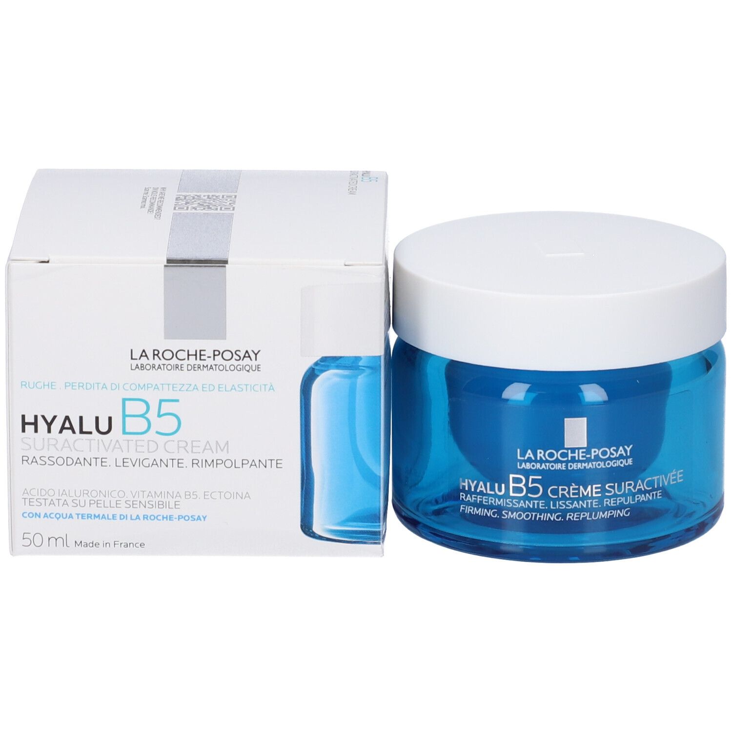 Vasetto di vetro blu con coperchio bianco. Scritta: La Roche-Posay Hyalu B5 Crème Suractivée. Testo.