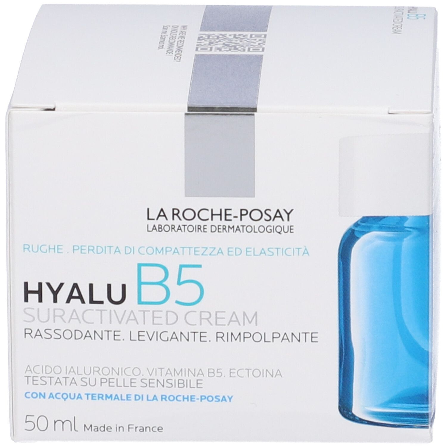 Confezione del prodotto e vasetto di vetro. Scritta: La Roche-Posay Hyalu B5 Crème Suractivée. Testo.