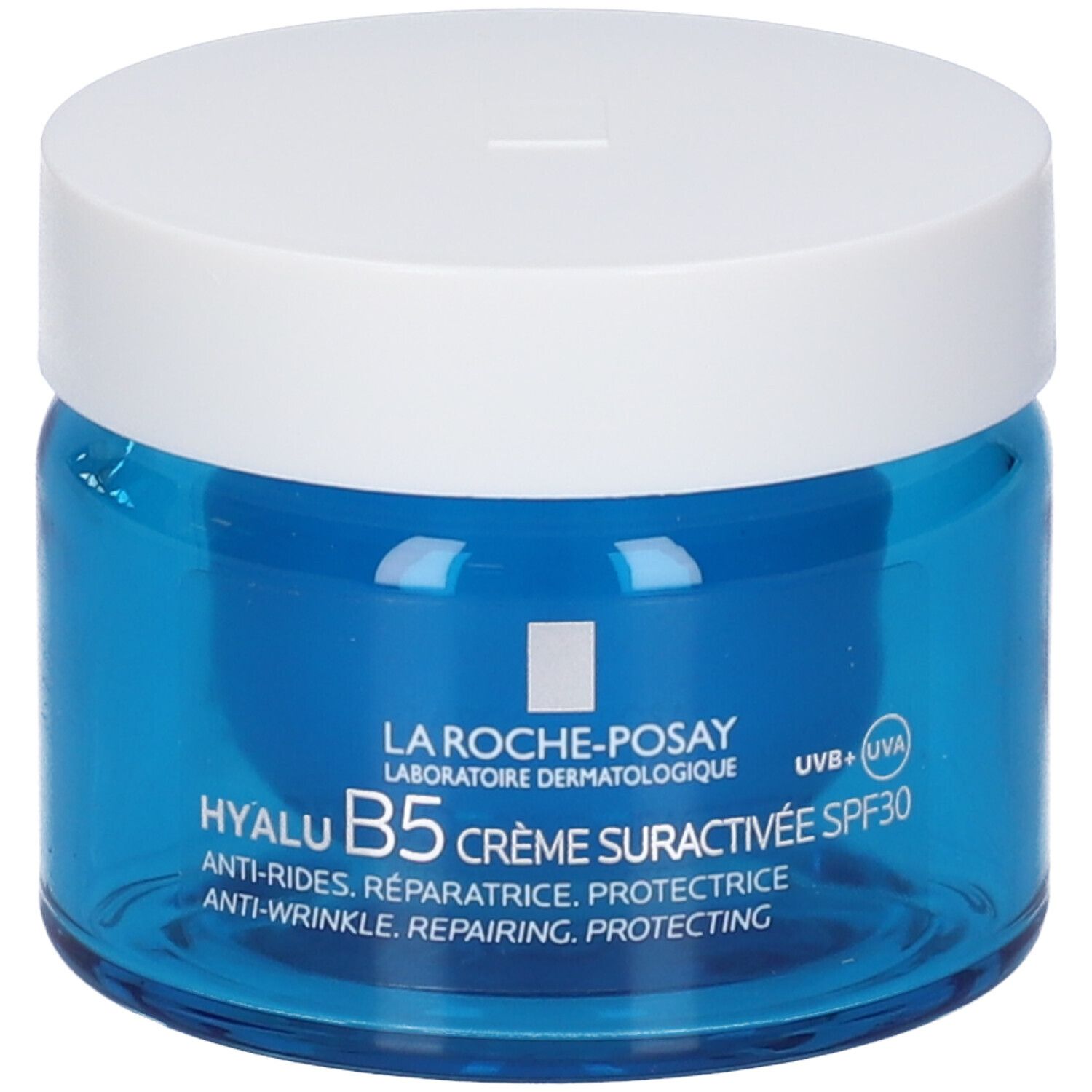 Vasetto di crema blu con coperchio bianco. Scritta: La Roche-Posay, Hyalu B5 Crème Suractivée SPF30. Anti-rughe.