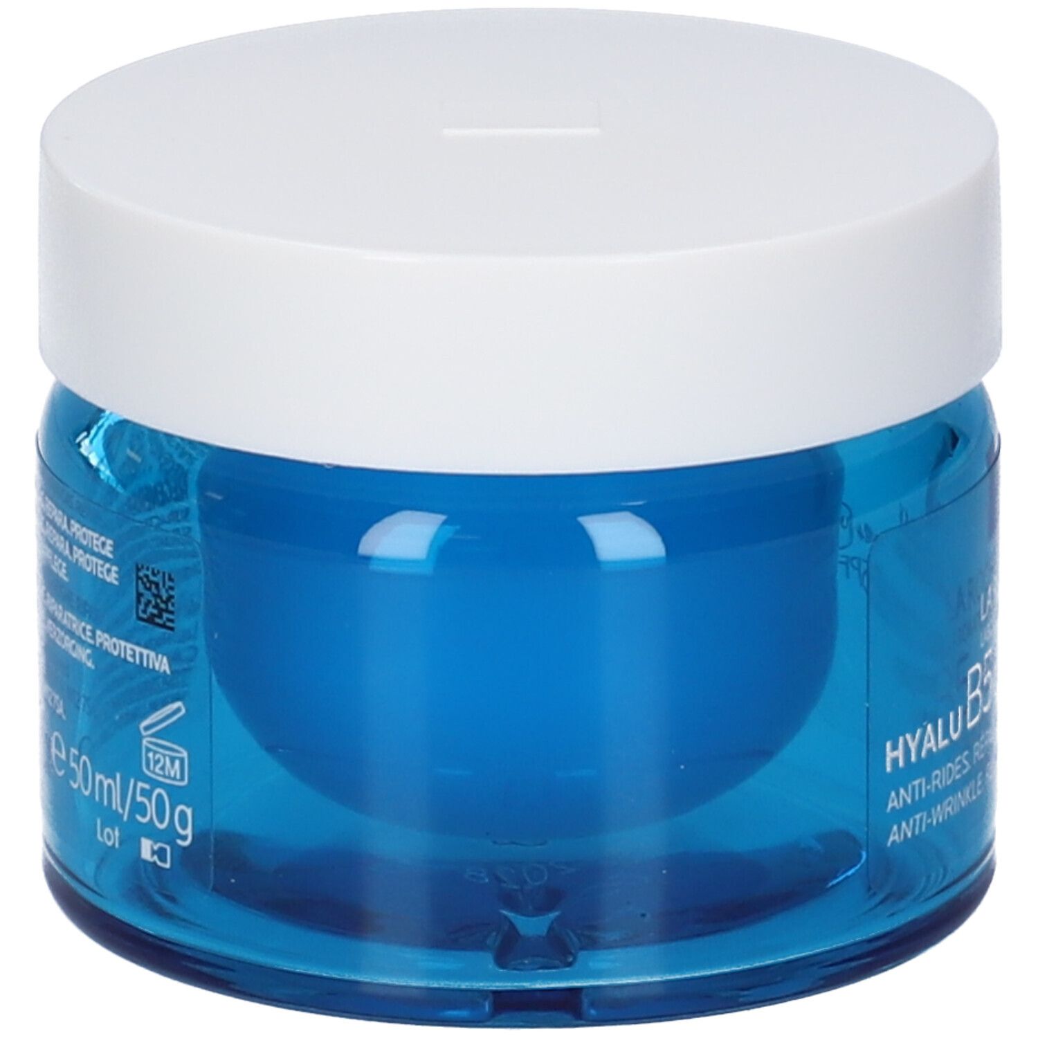 Vasetto di crema blu con coperchio bianco. Scritta: La Roche-Posay, Hyalu B5 Crème Suractivée SPF30. 50ml/50g.