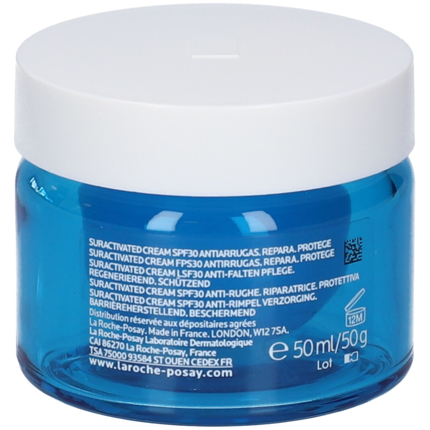 Vasetto di crema blu con coperchio bianco. Scritta: La Roche-Posay, Hyalu B5 Crème Suractivée SPF30. 50ml/50g.