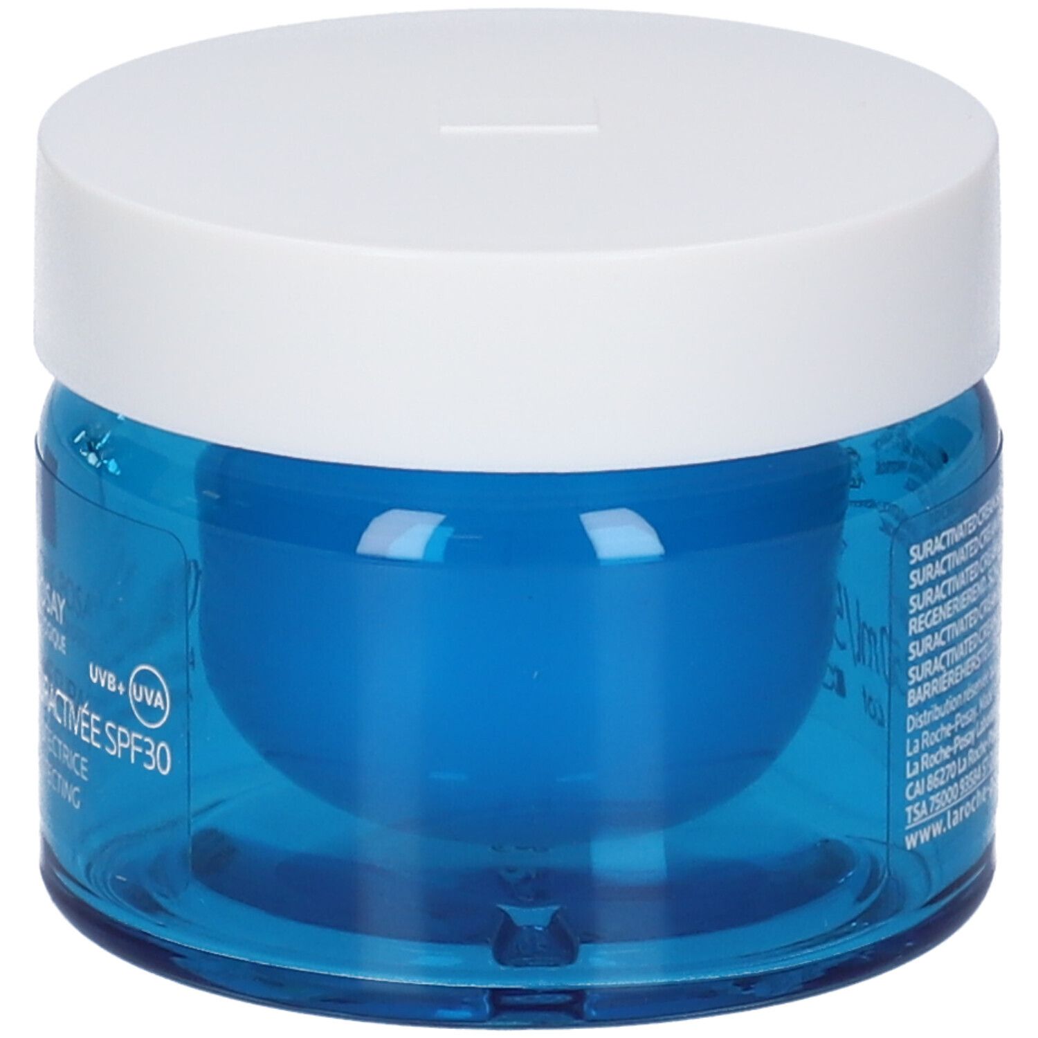 Vasetto di crema blu con coperchio bianco. Scritta: La Roche-Posay, Hyalu B5 Crème Suractivée SPF30.