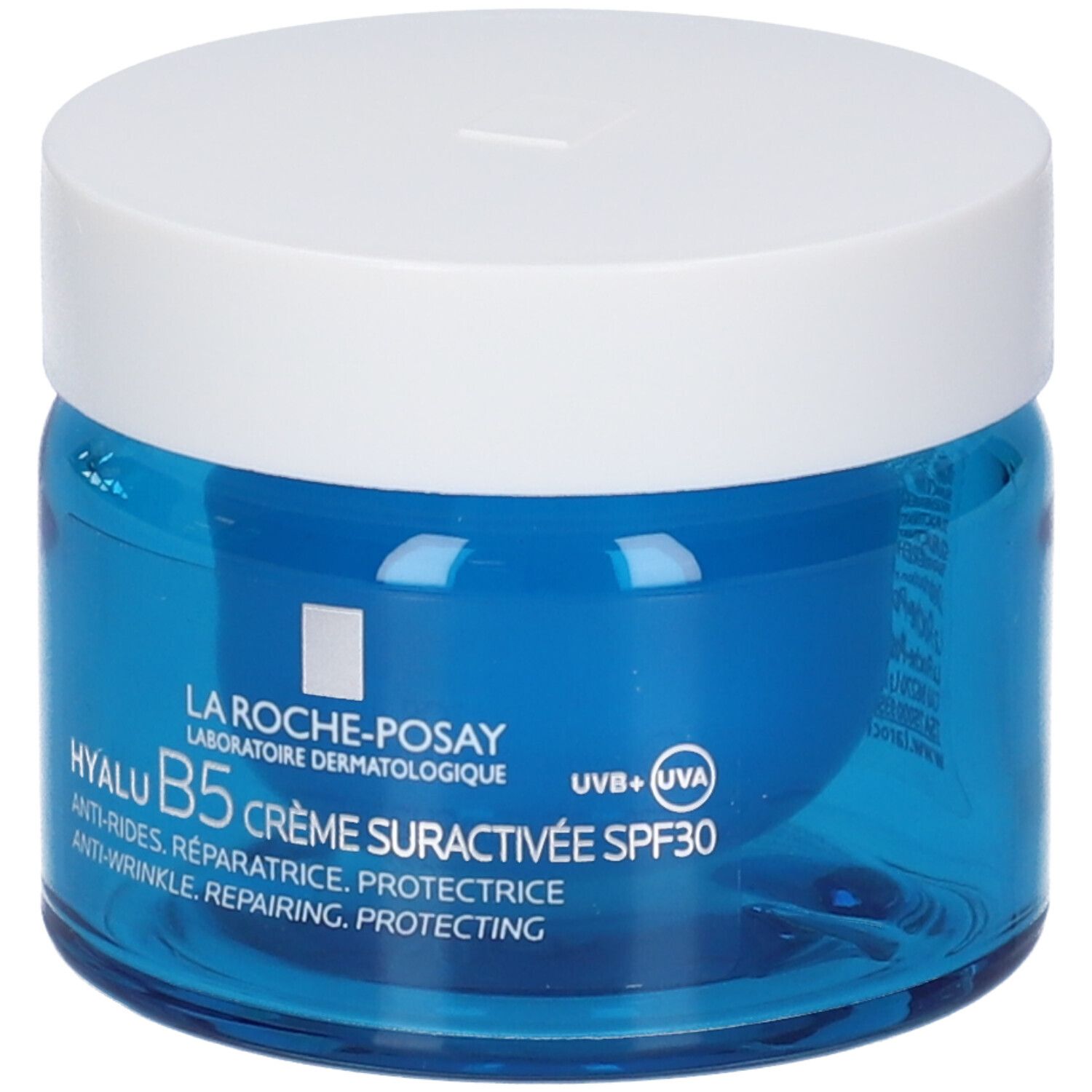 Vasetto di crema blu con coperchio bianco. Scritta: La Roche-Posay, Hyalu B5 Crème Suractivée SPF30.