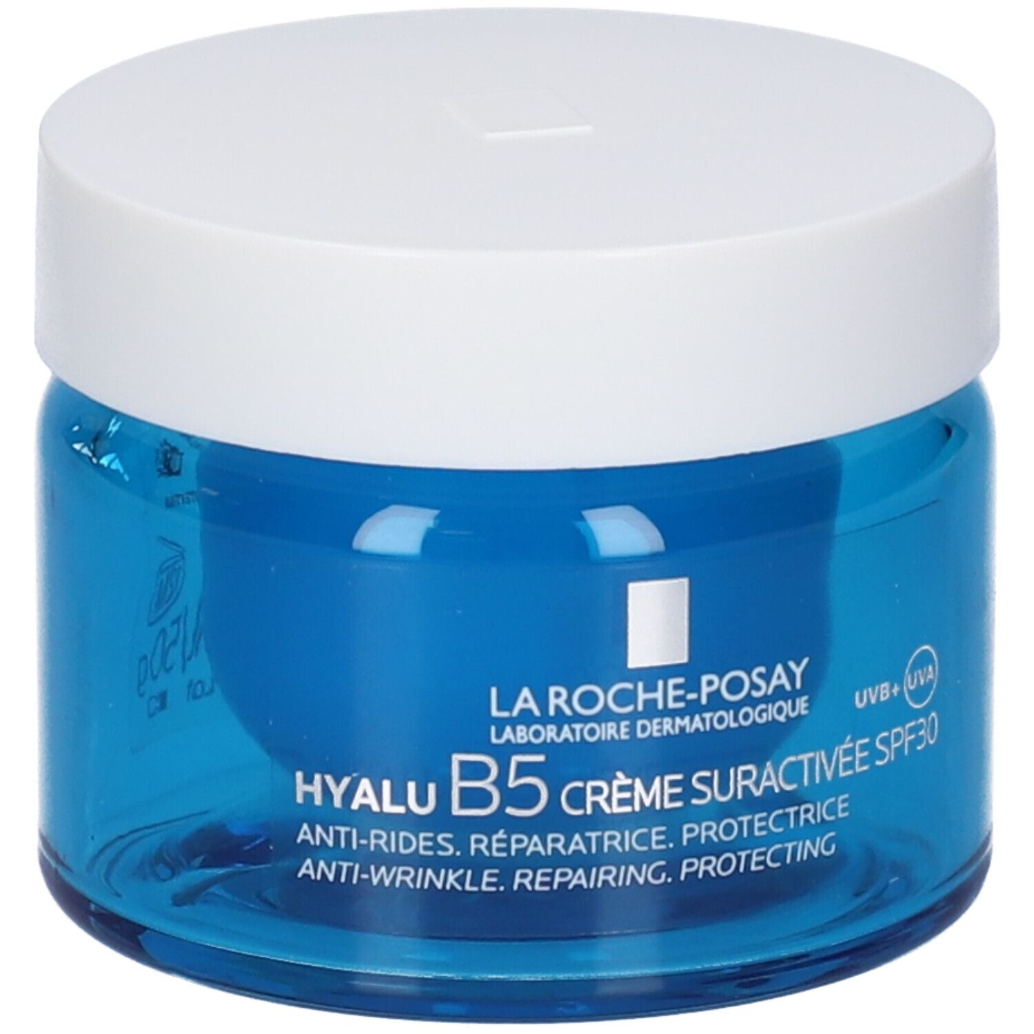 Vasetto di crema blu con coperchio bianco. Scritta: La Roche-Posay, Hyalu B5 Crème Suractivée SPF30.